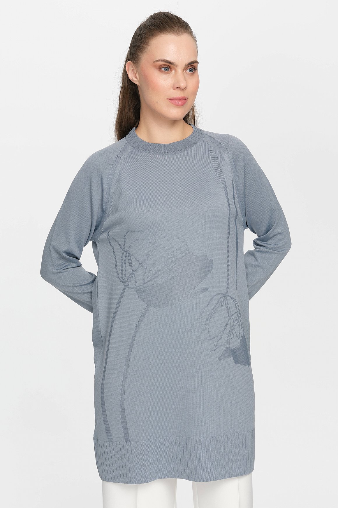 Nakış Detaylı Raglan Kol Triko Tunik  Gri