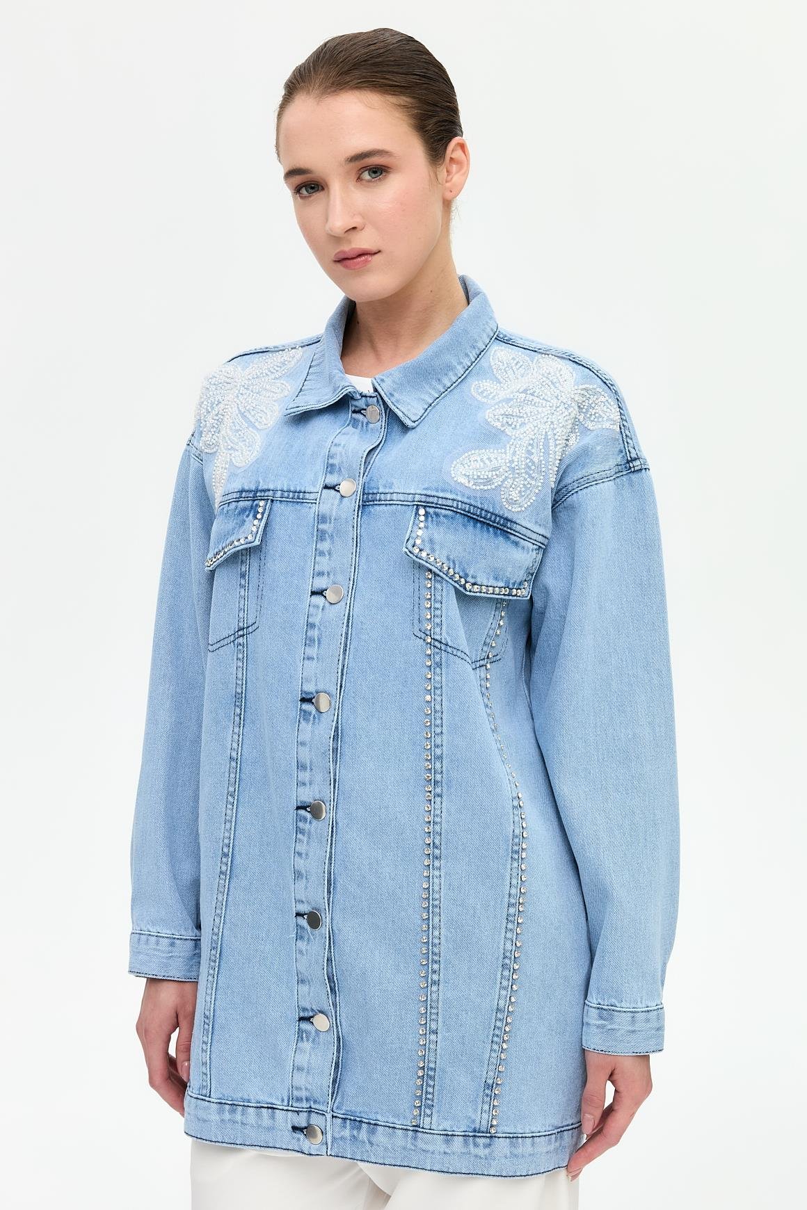 Brode ve İnci Detaylı Kot Ceket  Mavi