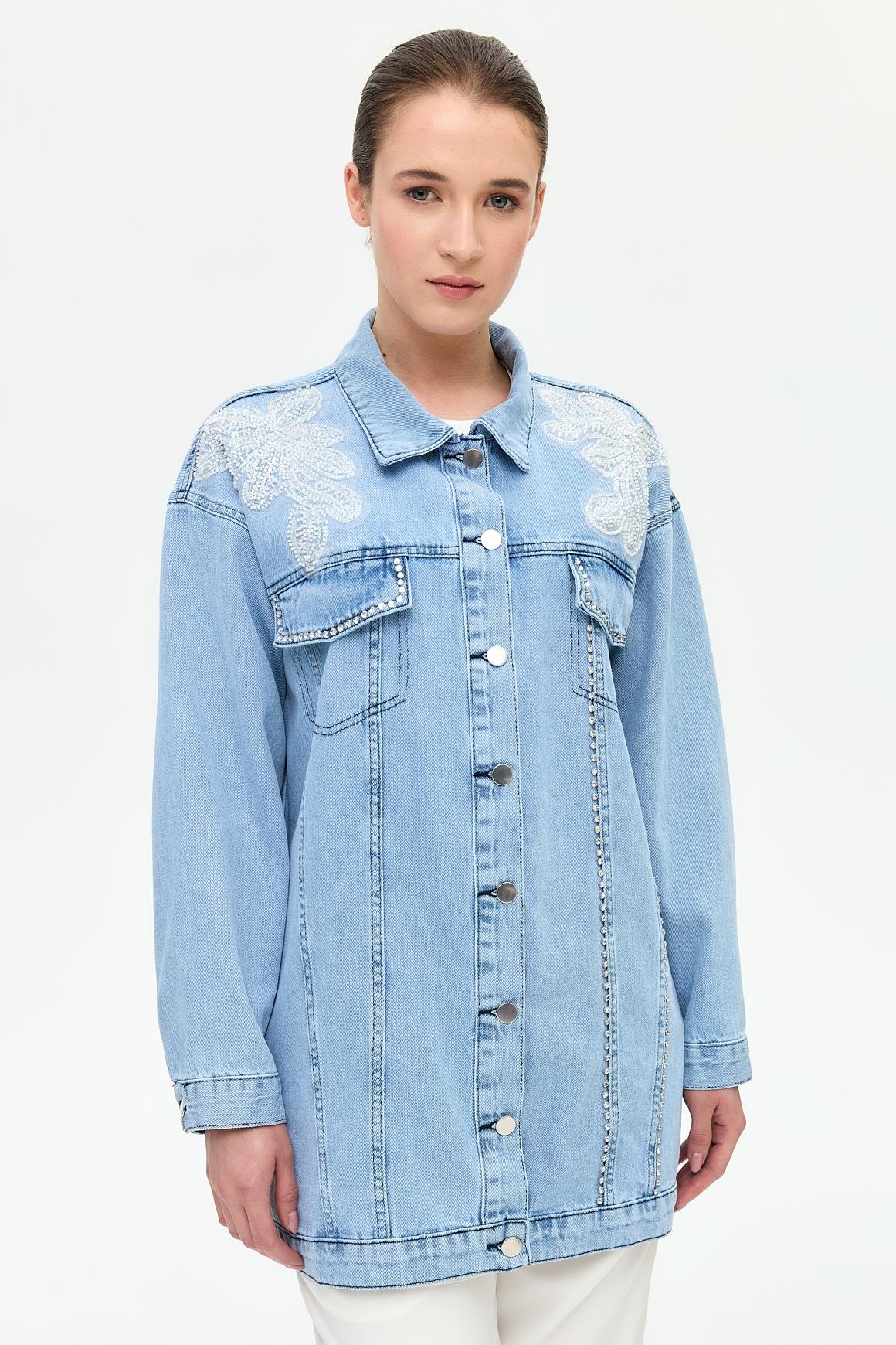 Brode ve İnci Detaylı Kot Ceket  Mavi