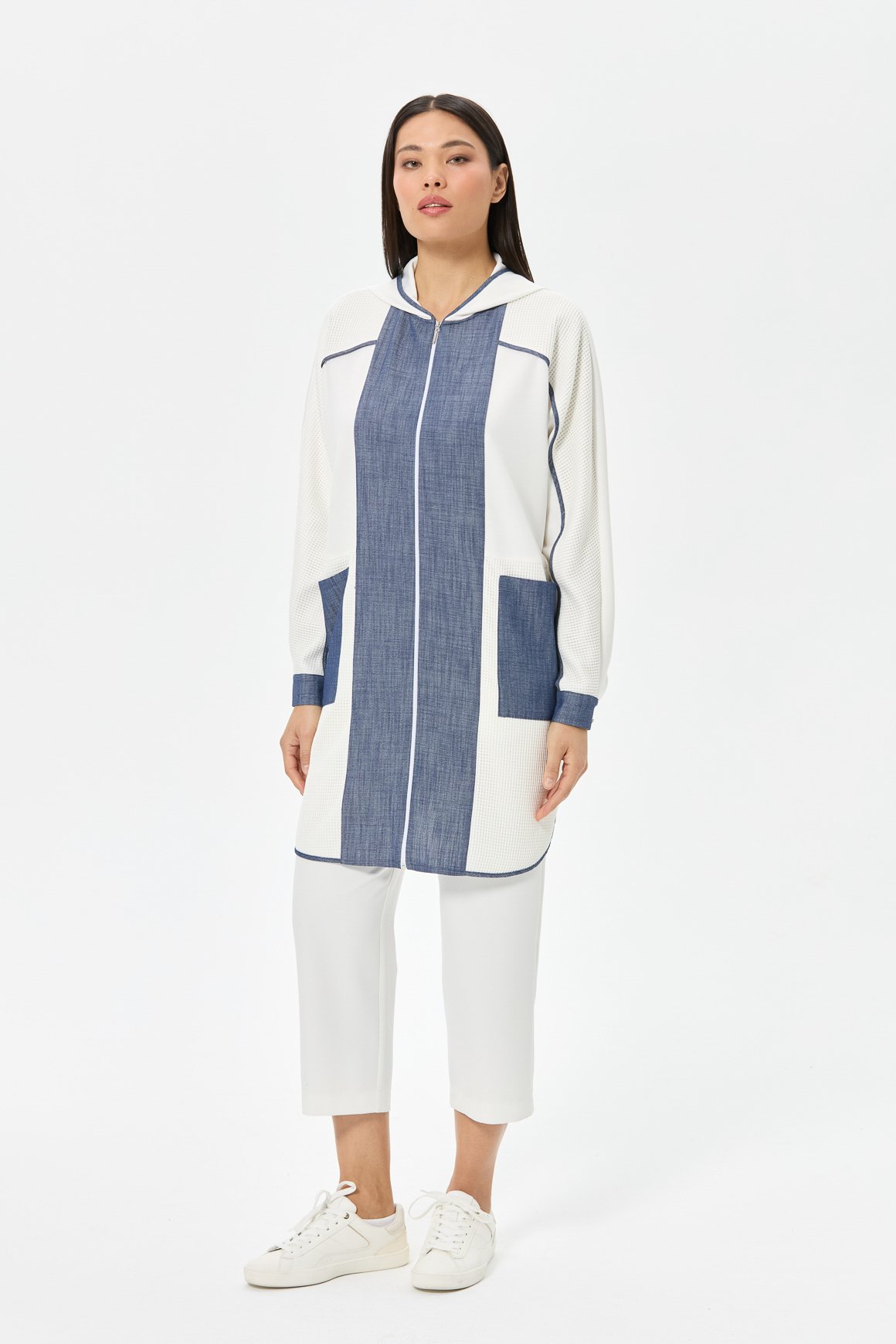 Denim ve File Kombinli Rahat Kalıp Giy Çık Ceket  Laci