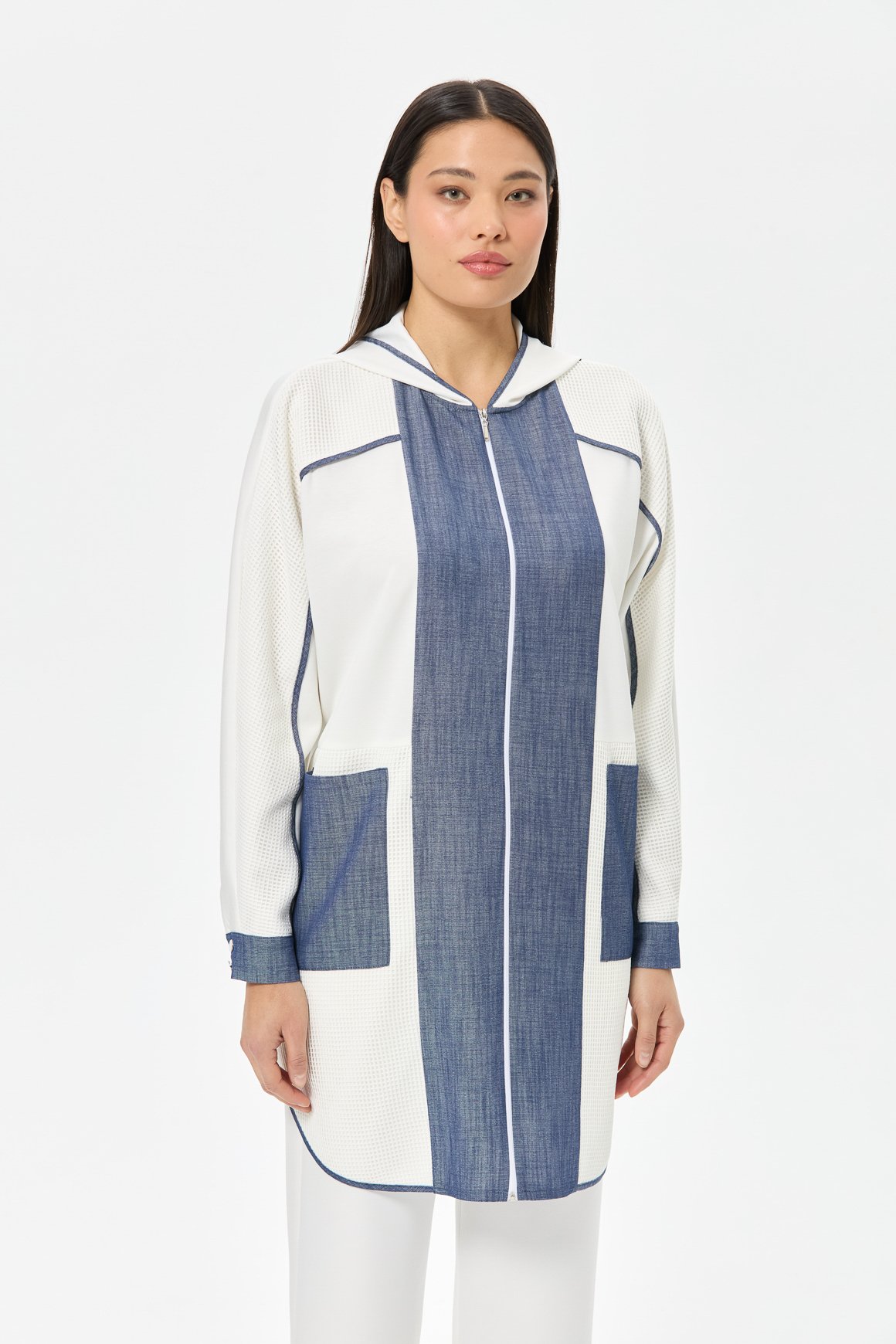 Denim ve File Kombinli Rahat Kalıp Giy Çık Ceket  Laci
