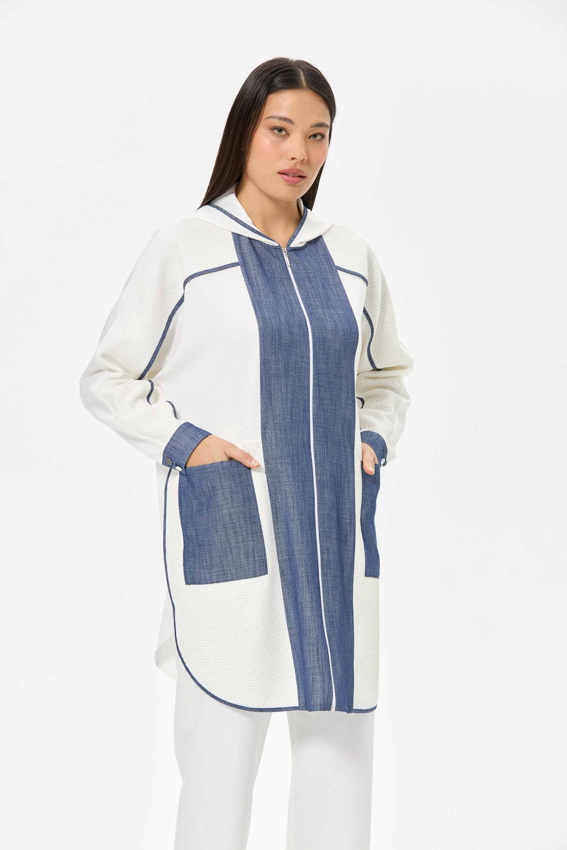 Denim ve File Kombinli Rahat Kalıp Giy Çık Ceket  Laci