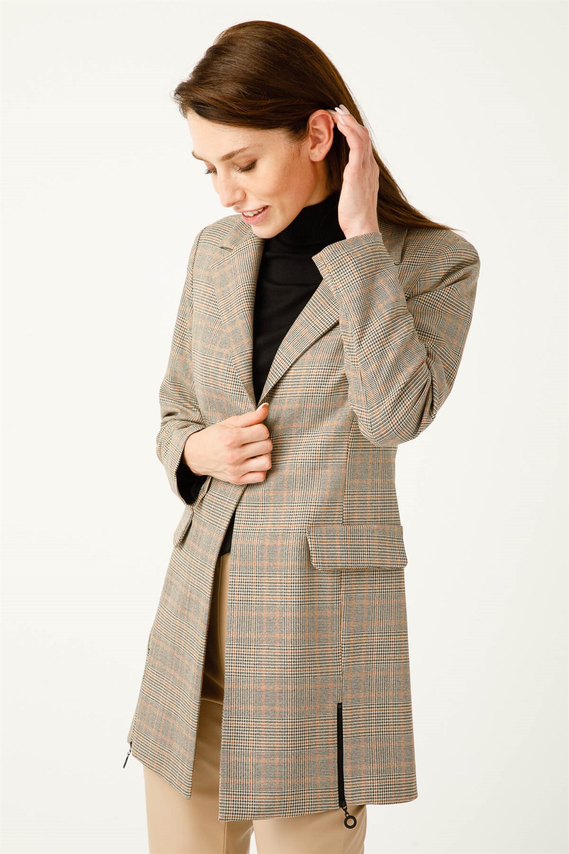 Ekose Desenli Fermuar Detaylı Blazer Ceket  Bej