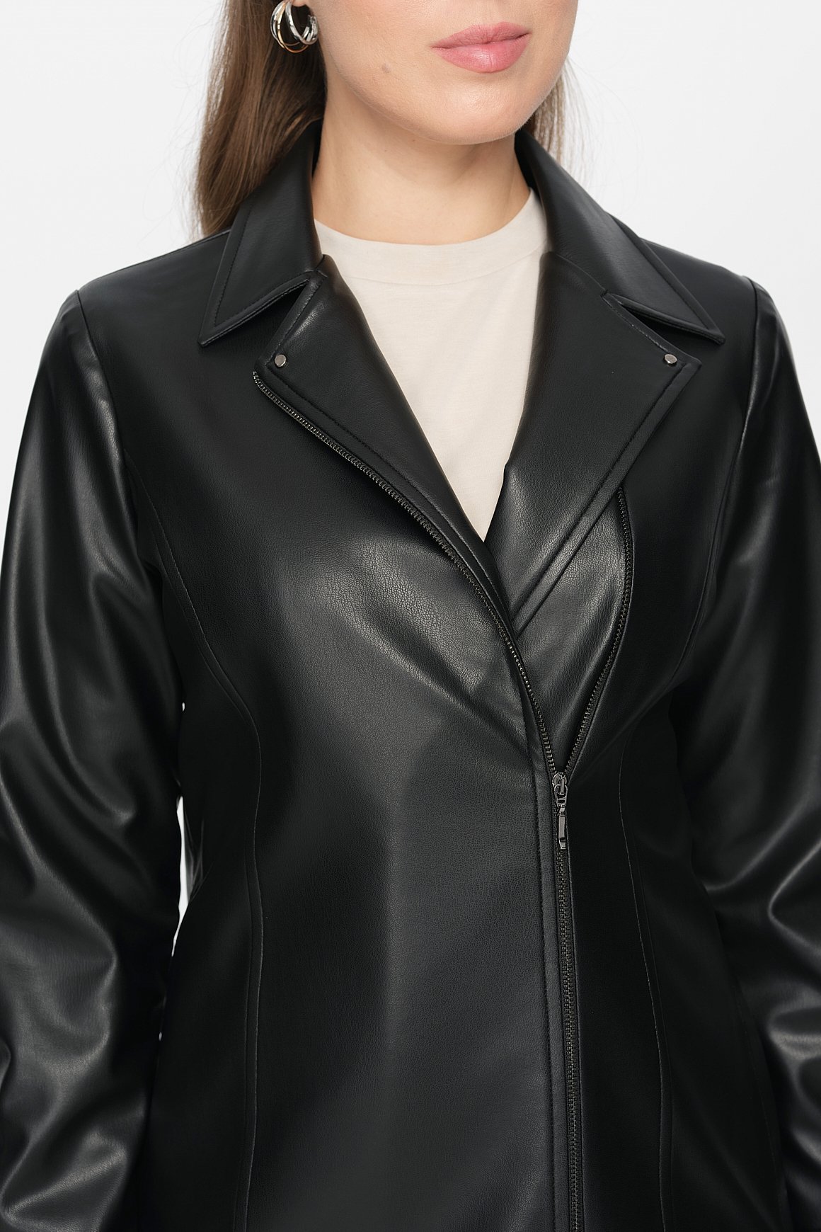 Fermuar Kapamalı Deri Ceket  Siyah
