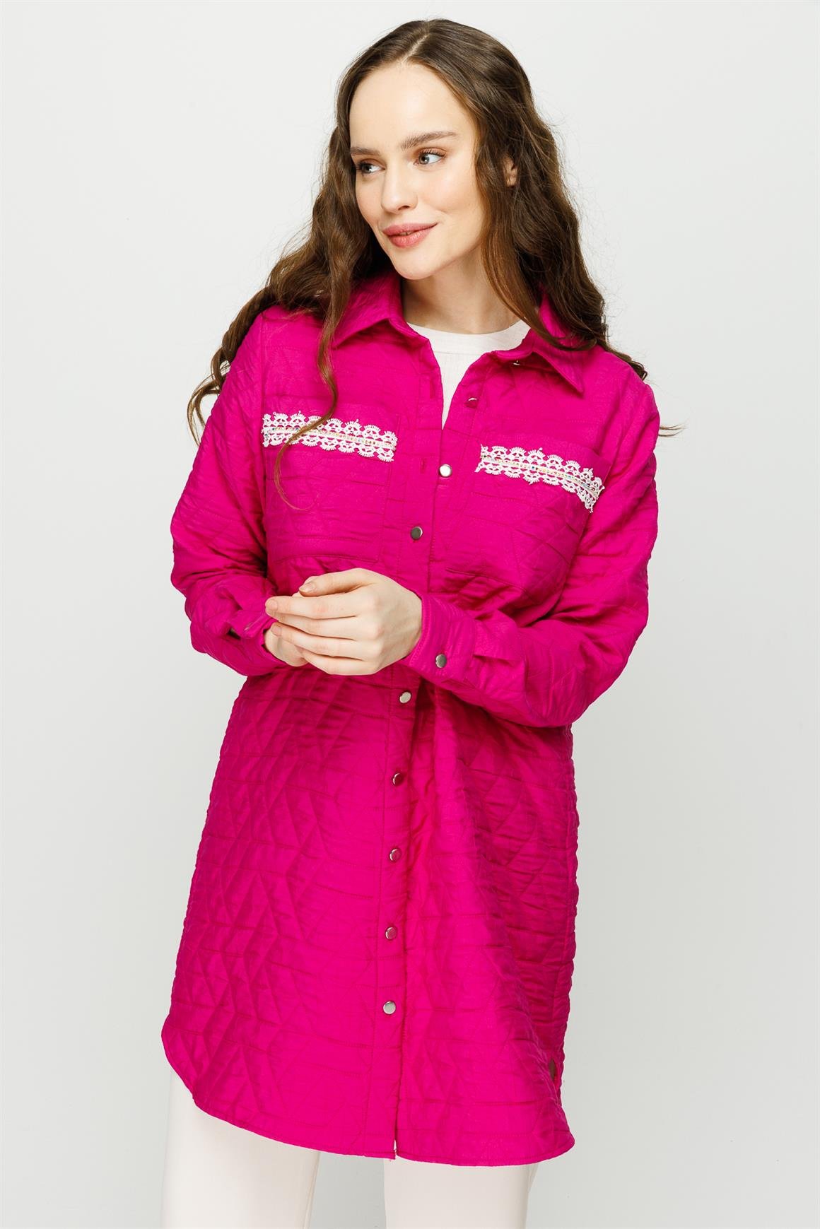 Hafif Kumaş Çift Cepli Fisto Detaylı Giy Çık Ceket  Fuşya