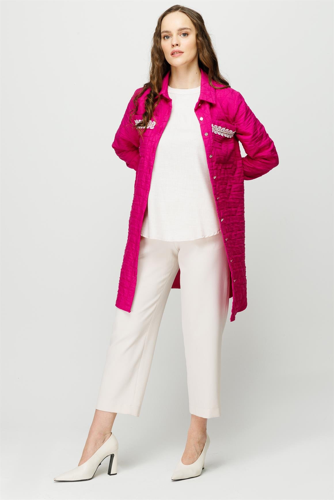 Hafif Kumaş Çift Cepli Fisto Detaylı Giy Çık Ceket  Fuşya