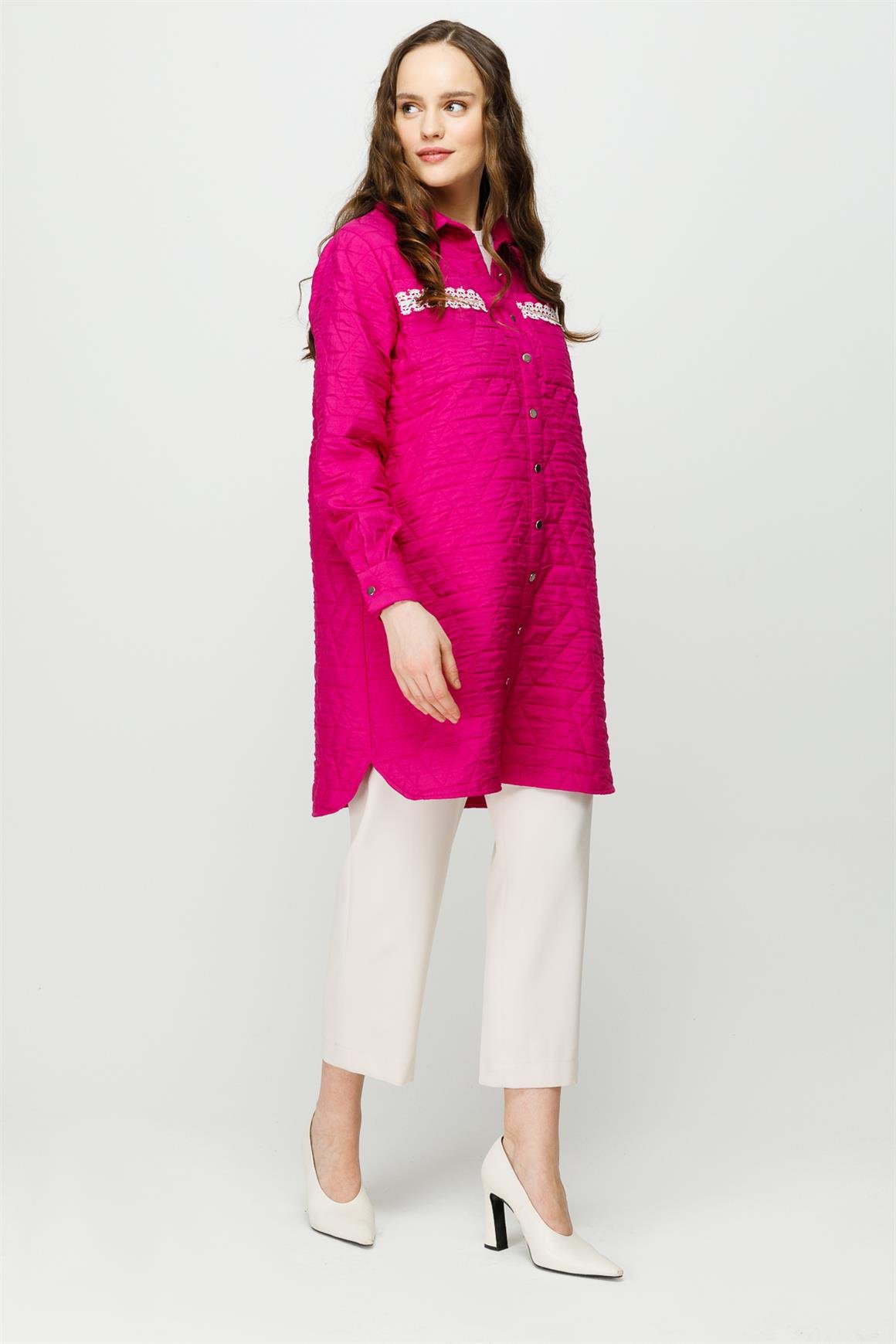 Hafif Kumaş Çift Cepli Fisto Detaylı Giy Çık Ceket  Fuşya