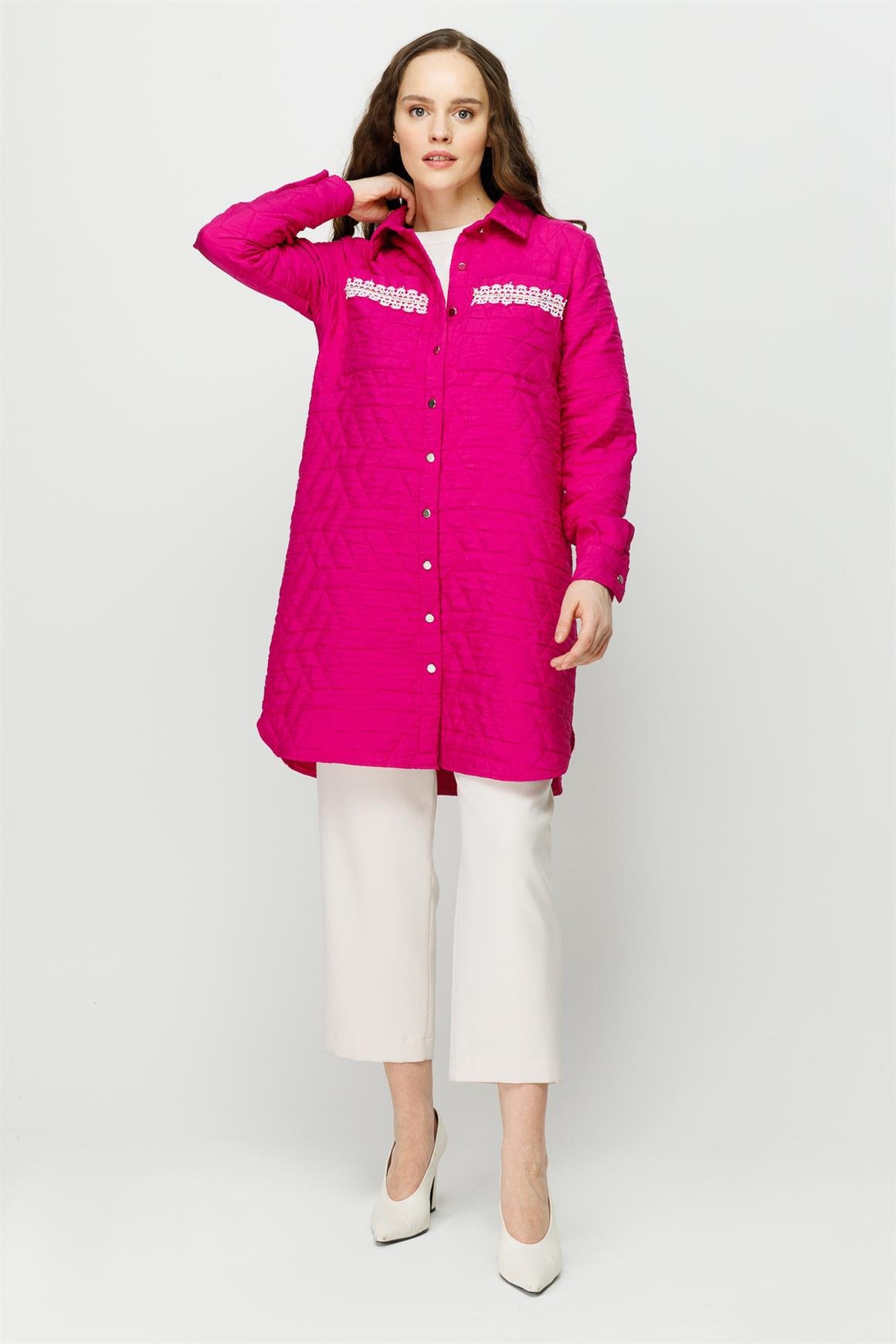 Hafif Kumaş Çift Cepli Fisto Detaylı Giy Çık Ceket  Fuşya