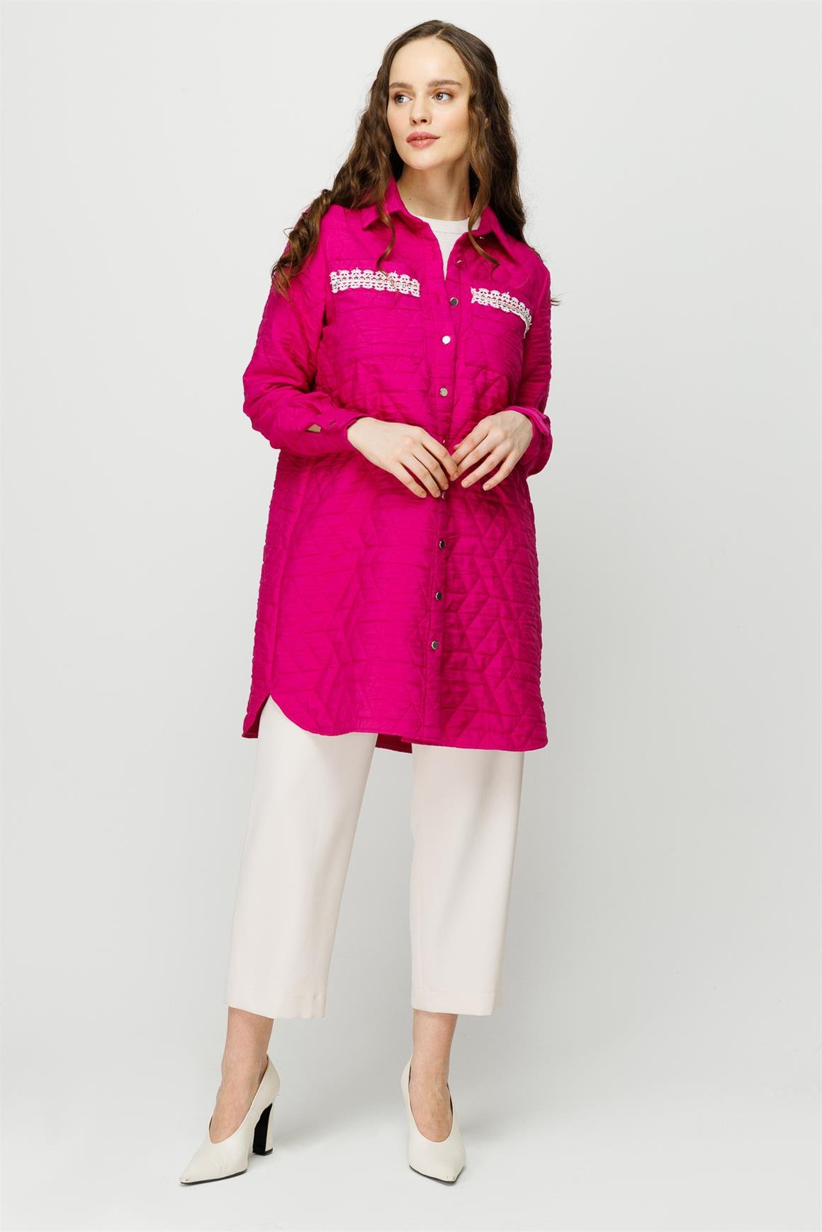 Hafif Kumaş Çift Cepli Fisto Detaylı Giy Çık Ceket  Fuşya