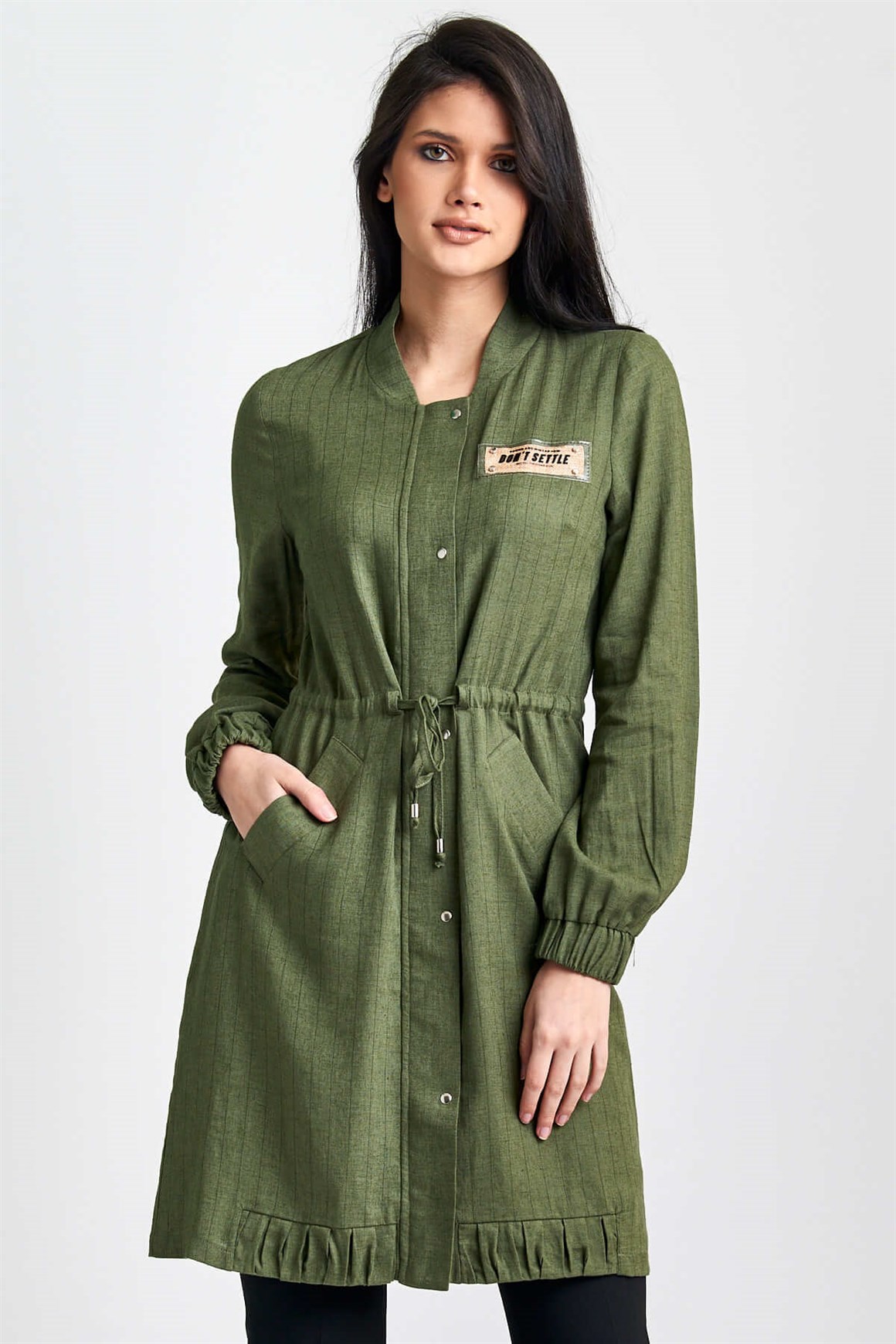 Haki  Keten Kumaş Bomber Ceket