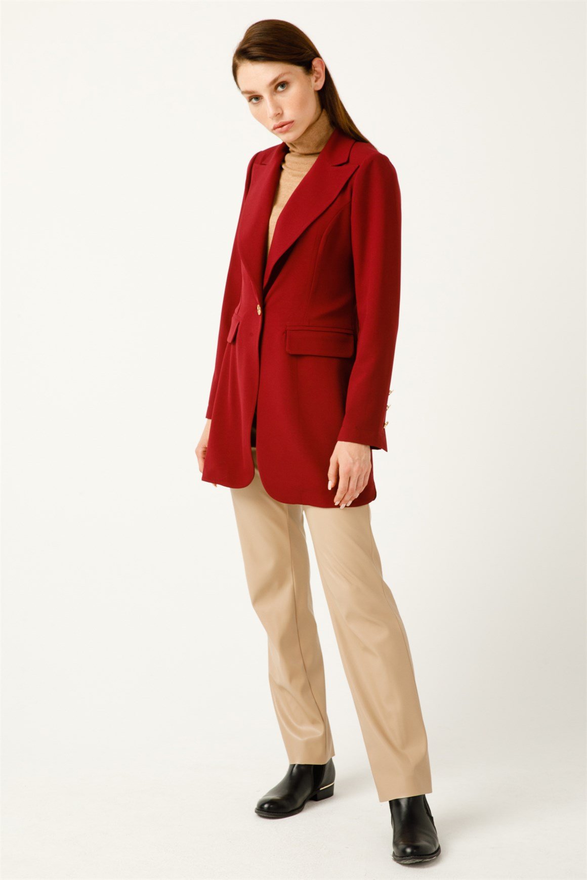 Krep Kumaş Tek Düğmeli Blazer Ceket  Bordo