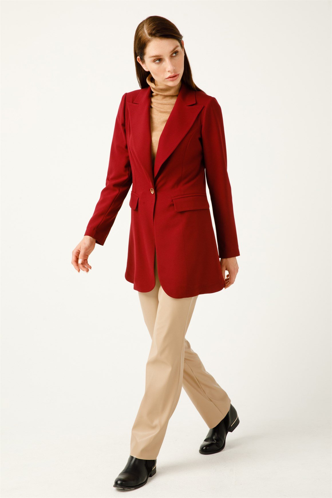 Krep Kumaş Tek Düğmeli Blazer Ceket  Bordo