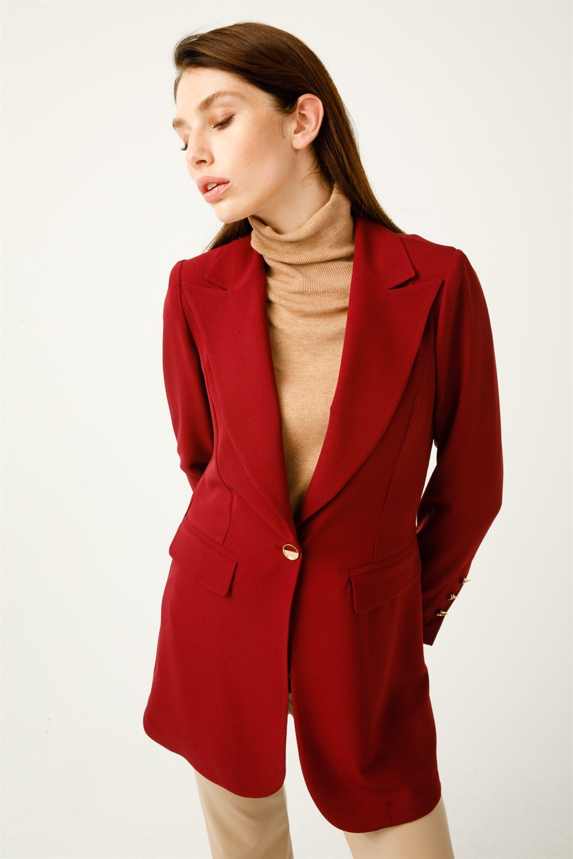 Krep Kumaş Tek Düğmeli Blazer Ceket  Bordo