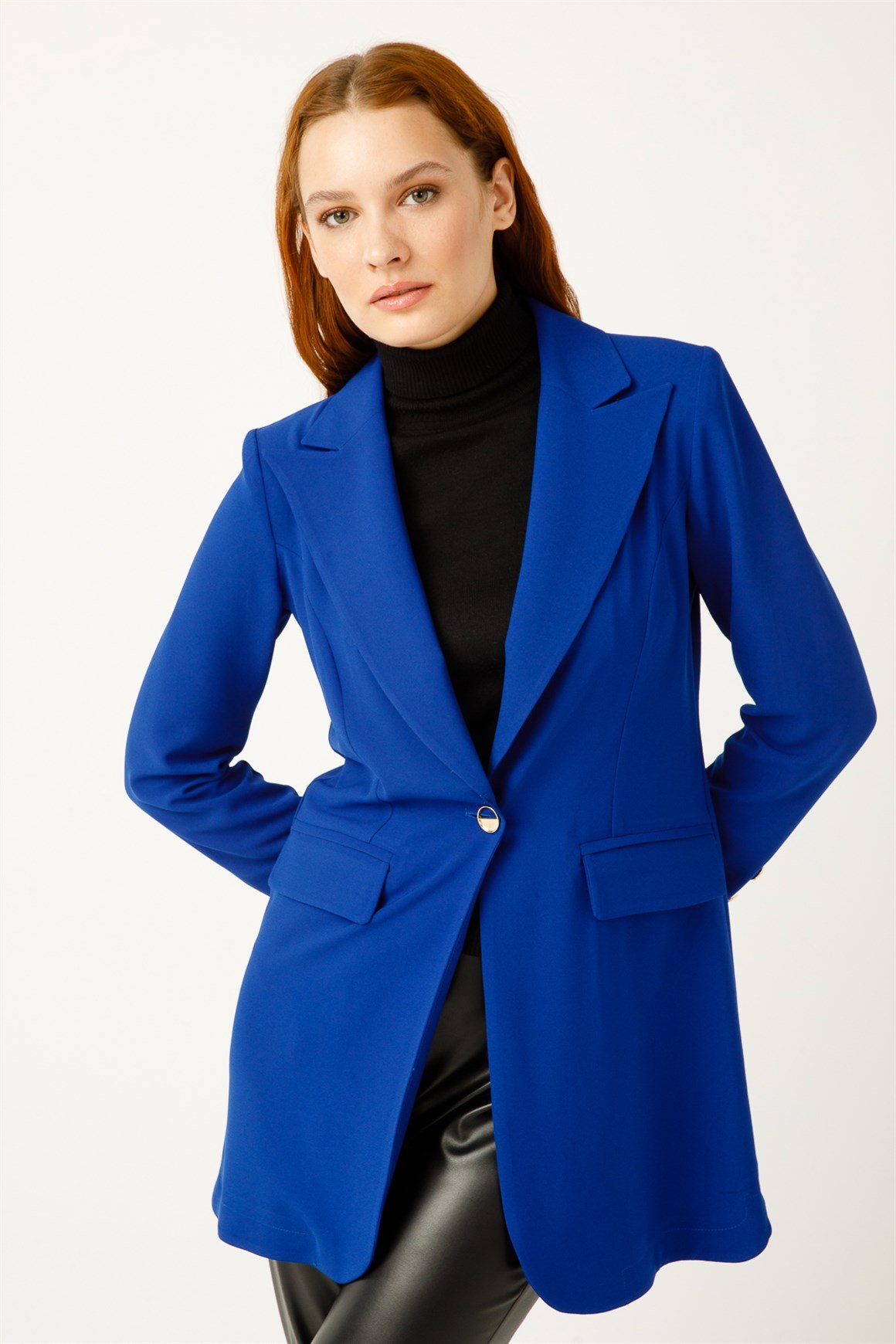 Krep Kumaş Tek Düğmeli Blazer Ceket  Saks