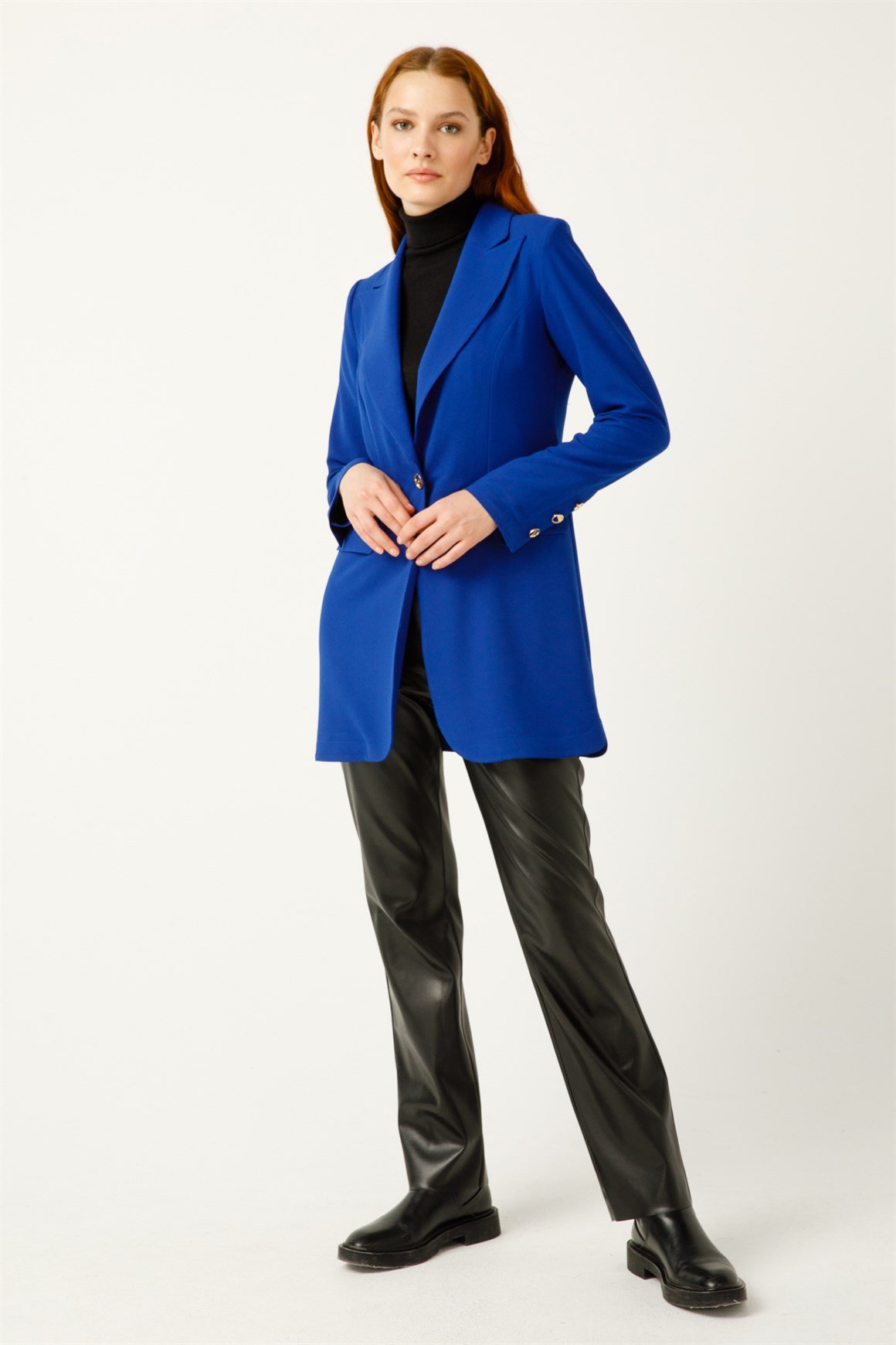 Krep Kumaş Tek Düğmeli Blazer Ceket  Saks