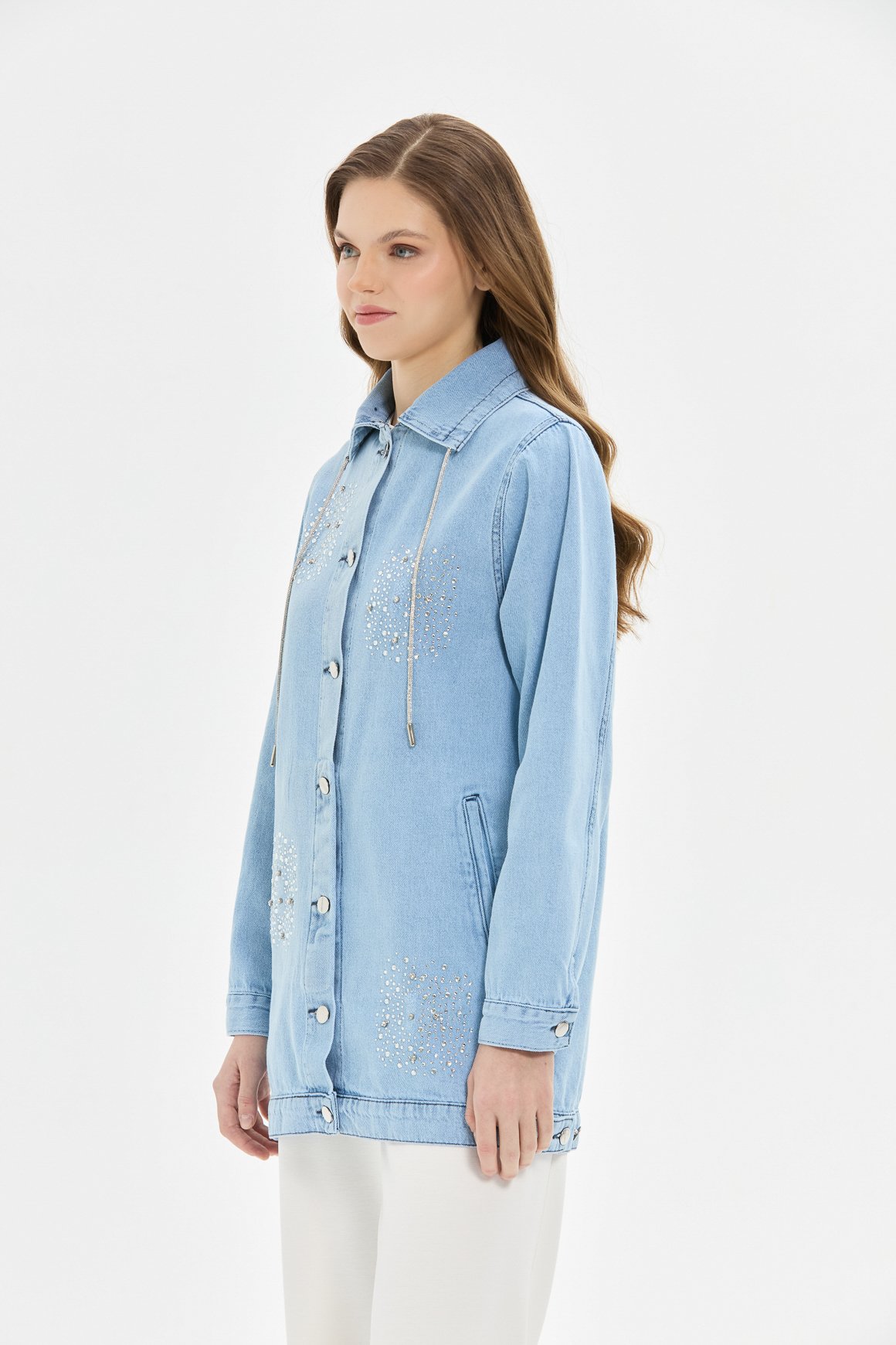 Taş İp Detaylı Çakmalı Kot Ceket  Mavi