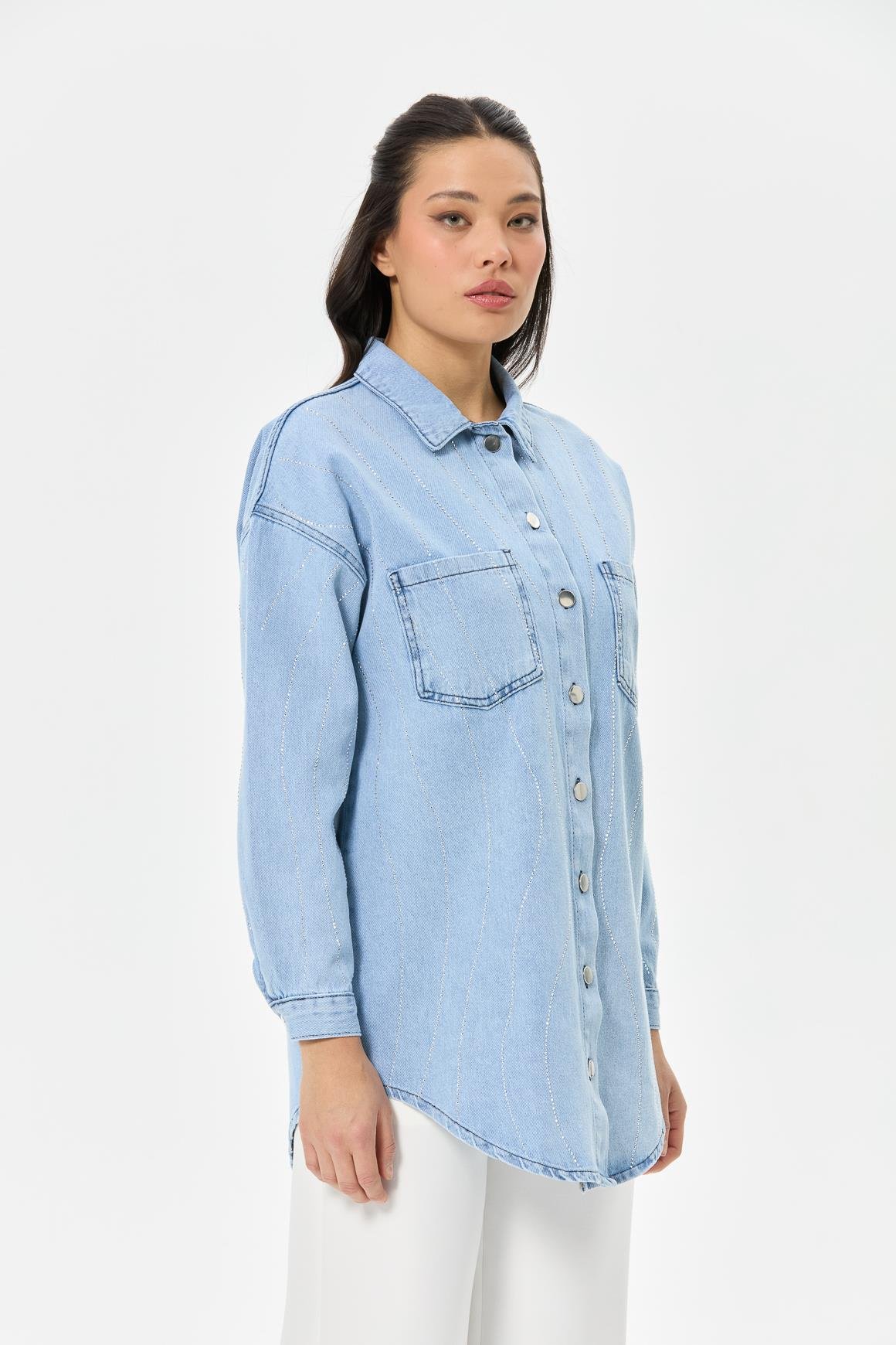 Taş İşli Çift Cep Kot Ceket  Mavi