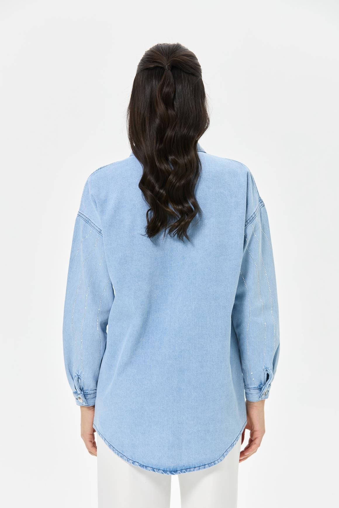 Taş İşli Çift Cep Kot Ceket  Mavi