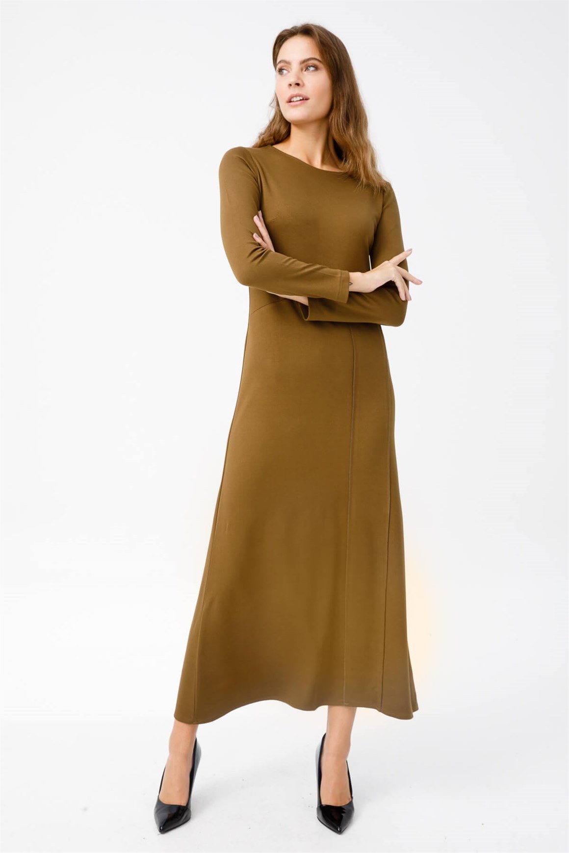 Asimetrik Cıt Cıt Aksesuarlı Elbise  Haki