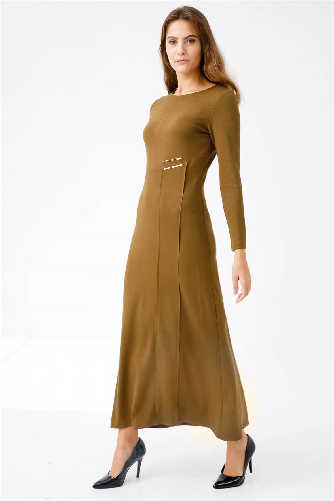 Asimetrik Cıt Cıt Aksesuarlı Elbise  Haki