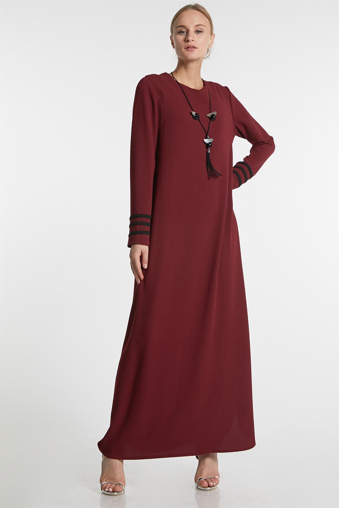 Bordo - Kolları Biyeli Elbise