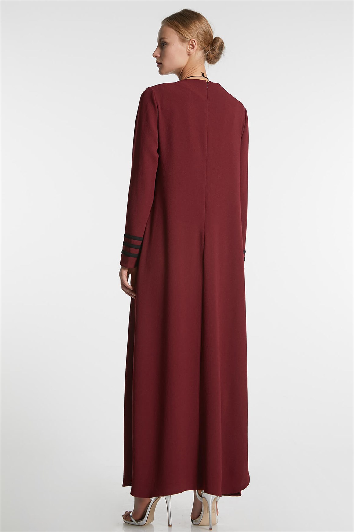 Bordo - Kolları Biyeli Elbise