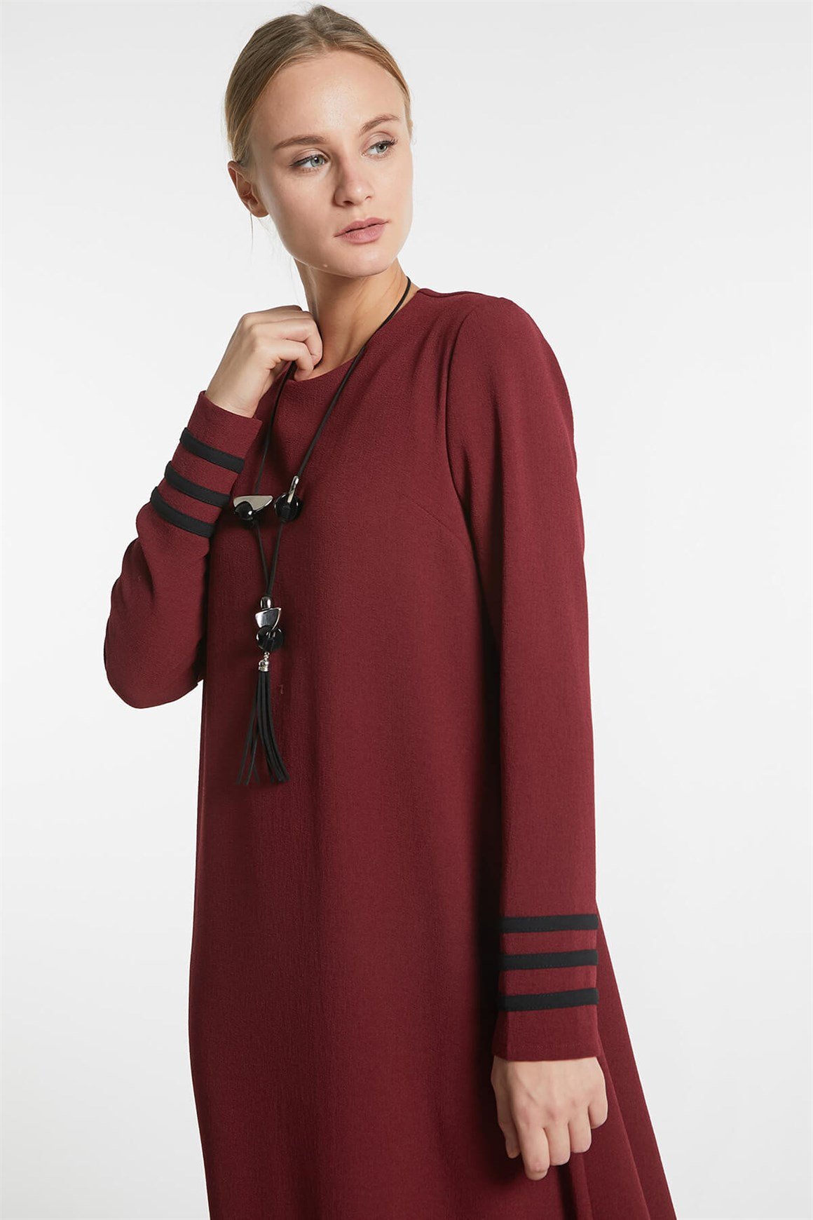 Bordo - Kolları Biyeli Elbise