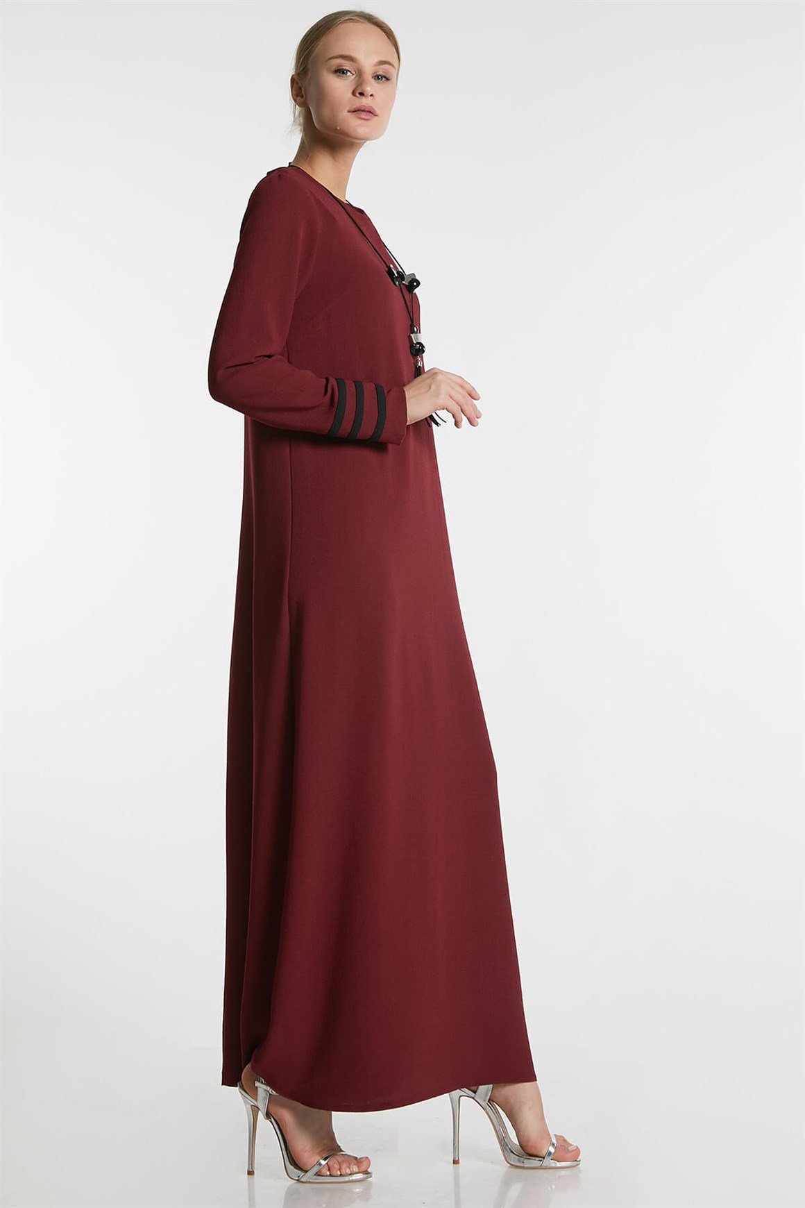 Bordo - Kolları Biyeli Elbise