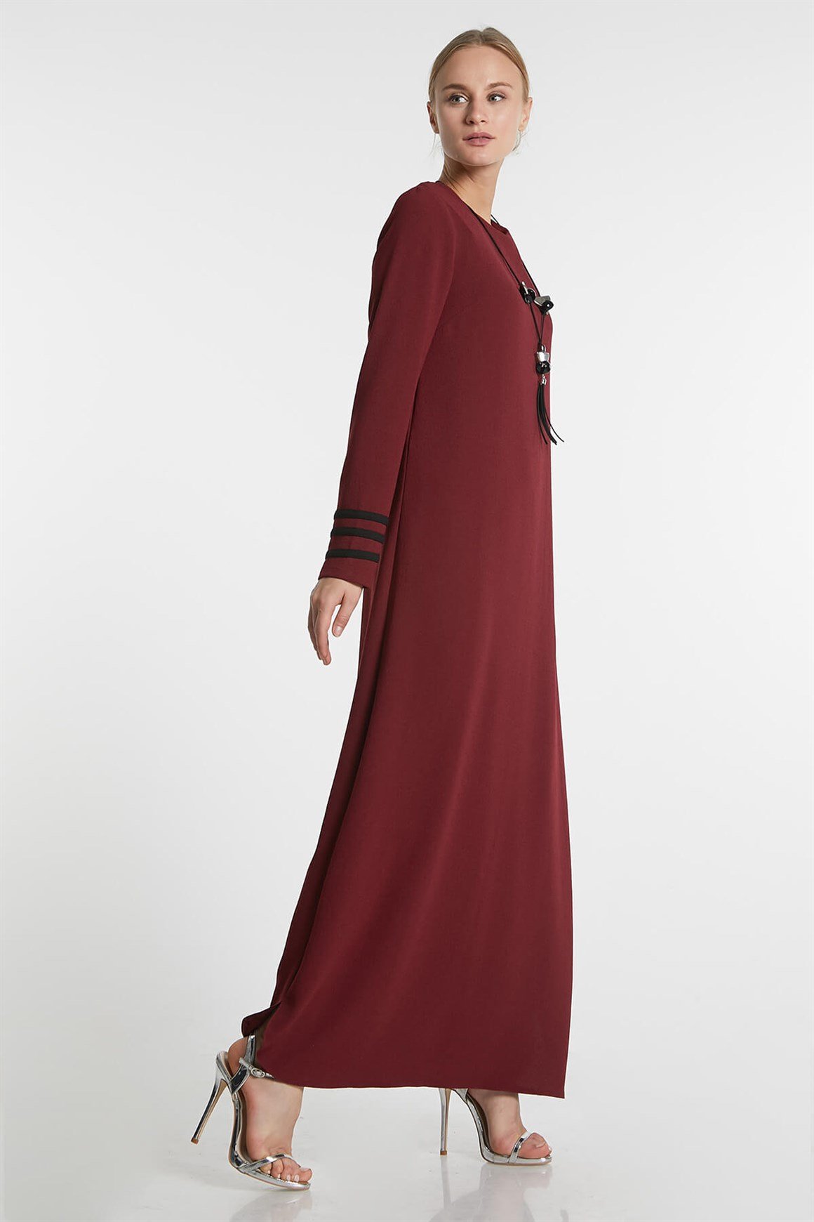Bordo - Kolları Biyeli Elbise