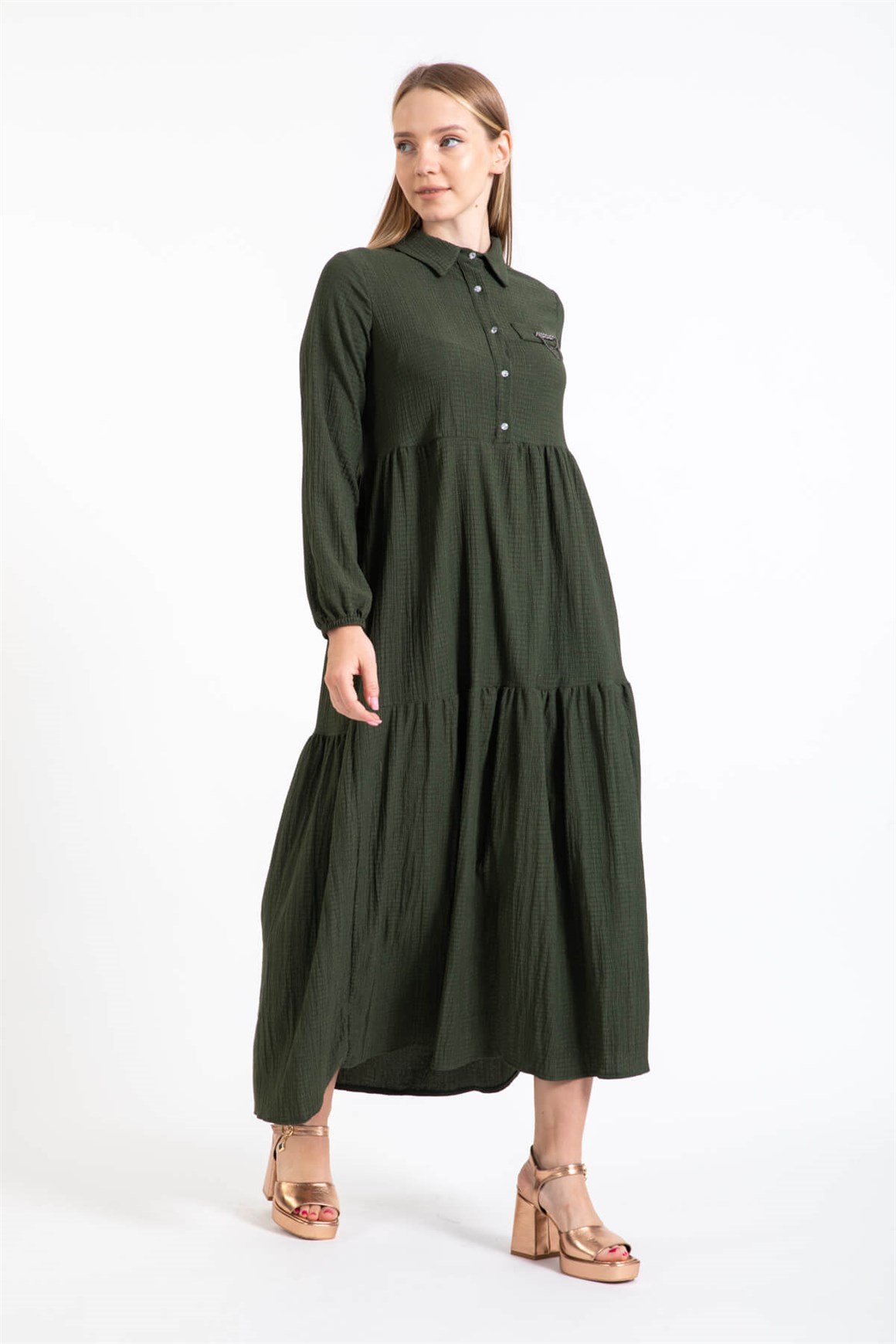 Broş Detaylı Elbise  Haki