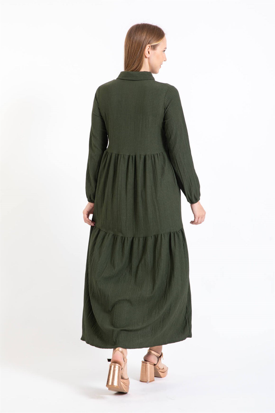 Broş Detaylı Elbise  Haki