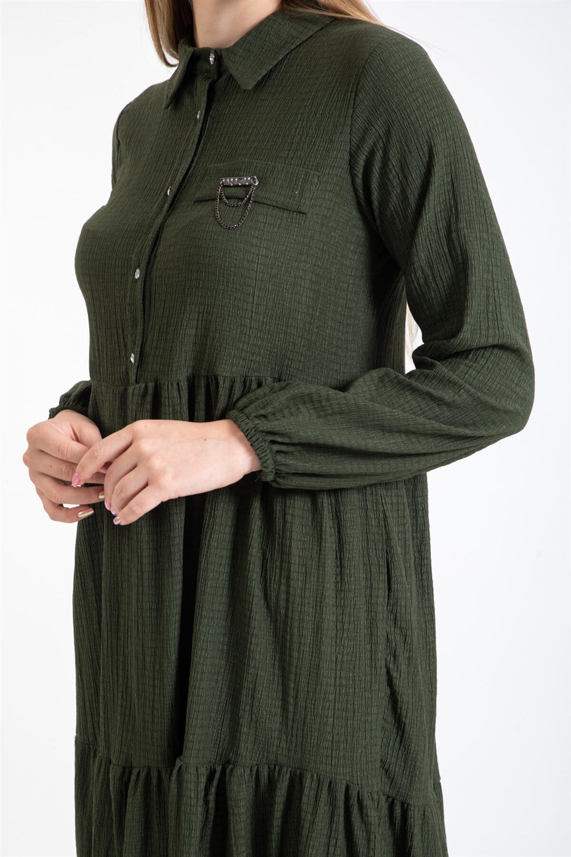 Broş Detaylı Elbise  Haki