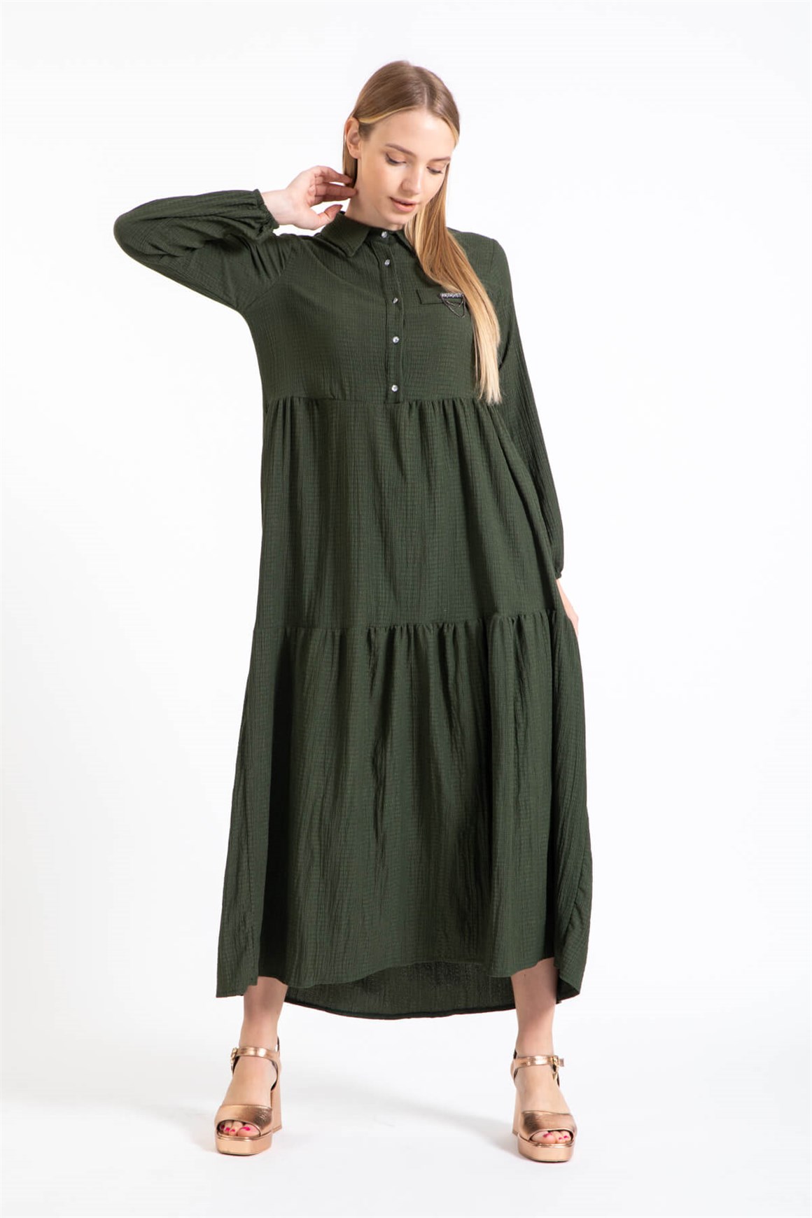 Broş Detaylı Elbise  Haki