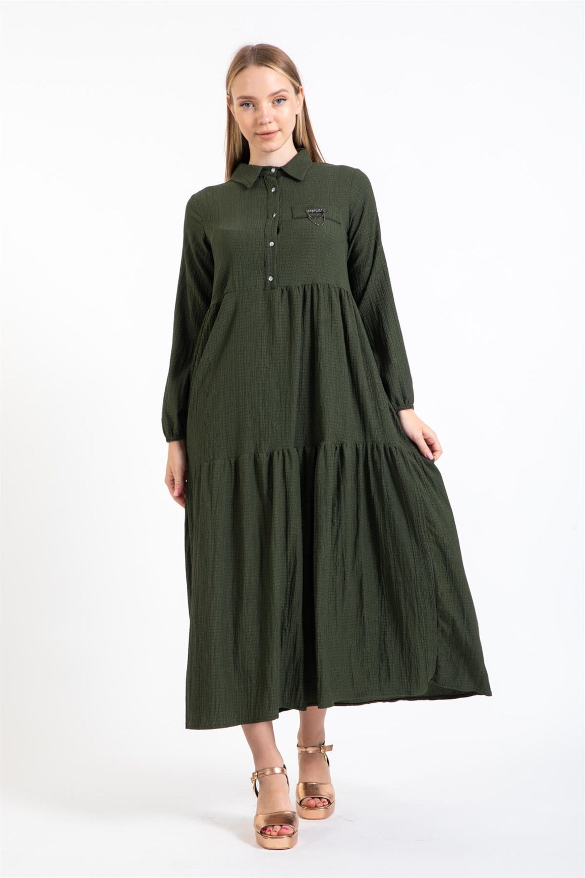 Broş Detaylı Elbise  Haki