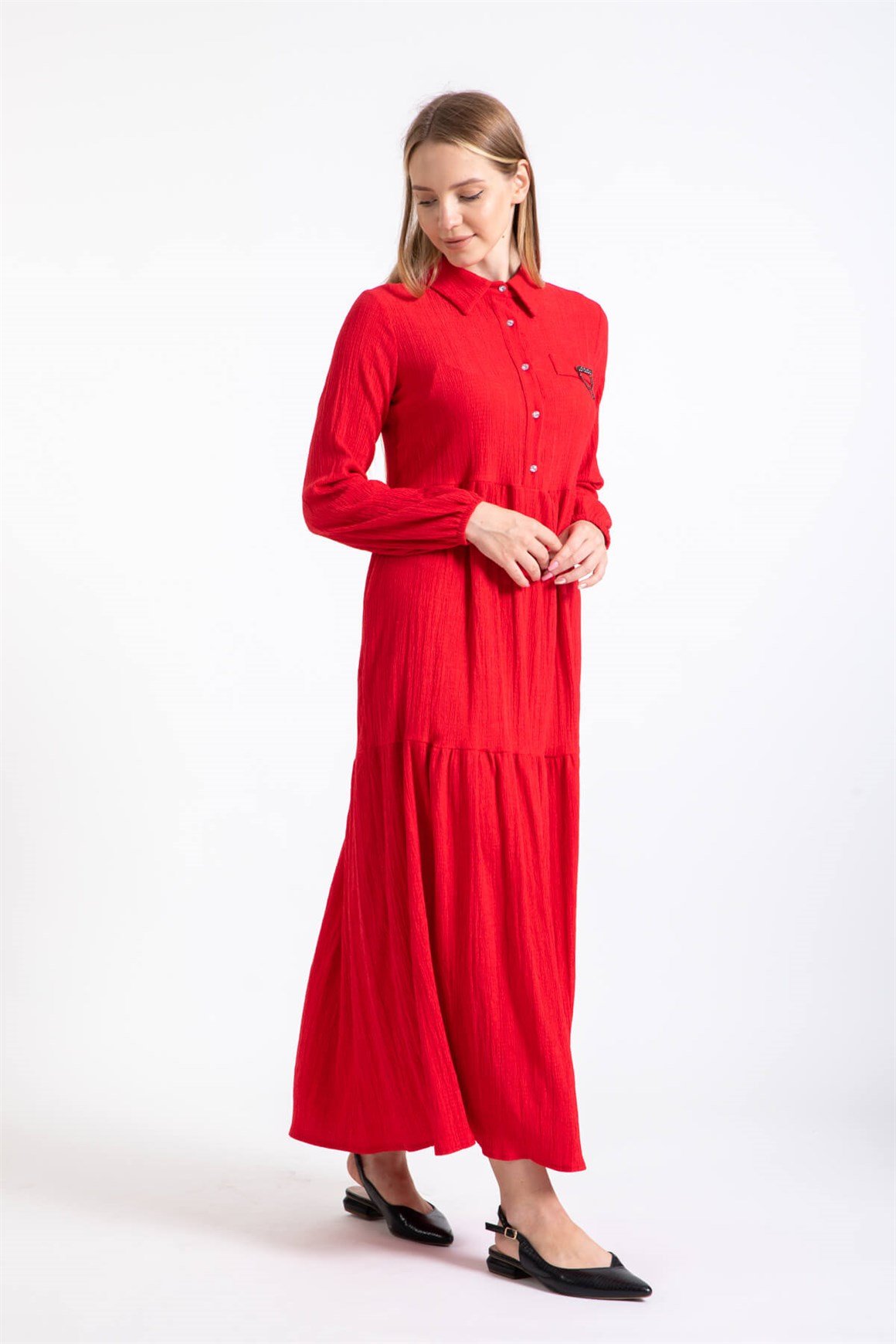 Broş Detaylı Elbise  Kırmızı