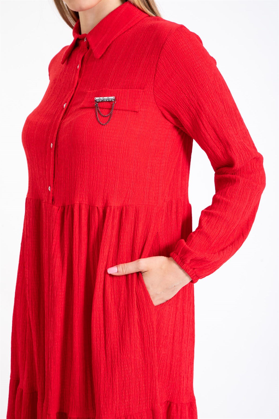 Broş Detaylı Elbise  Kırmızı