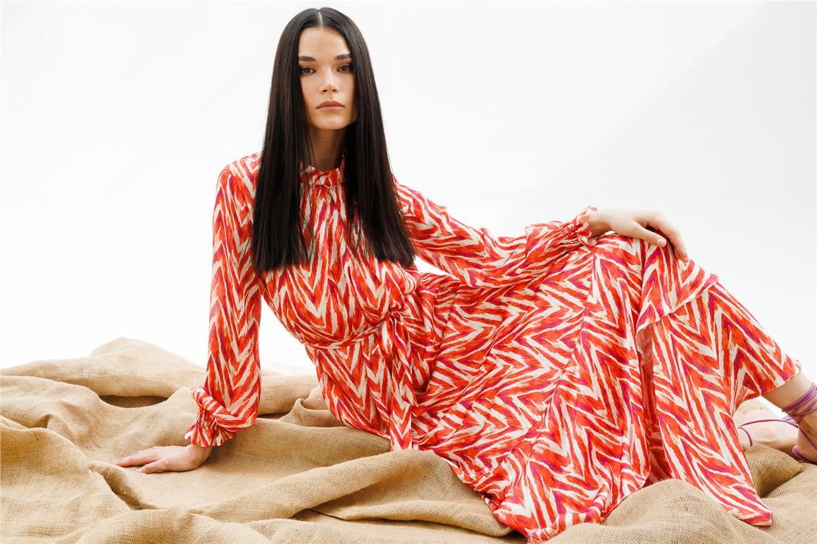 Emprime Desenli Elbise  Oranj