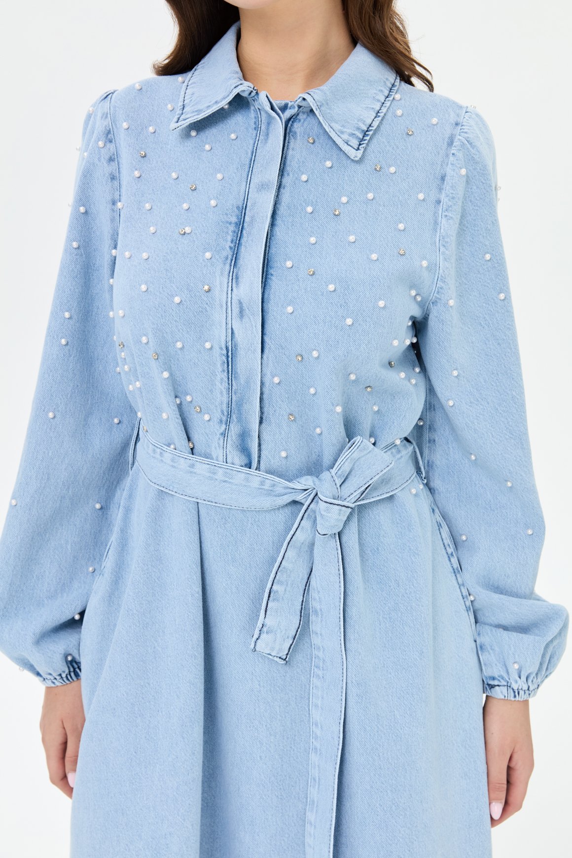 İnci Detaylı Kot Elbise  Mavi