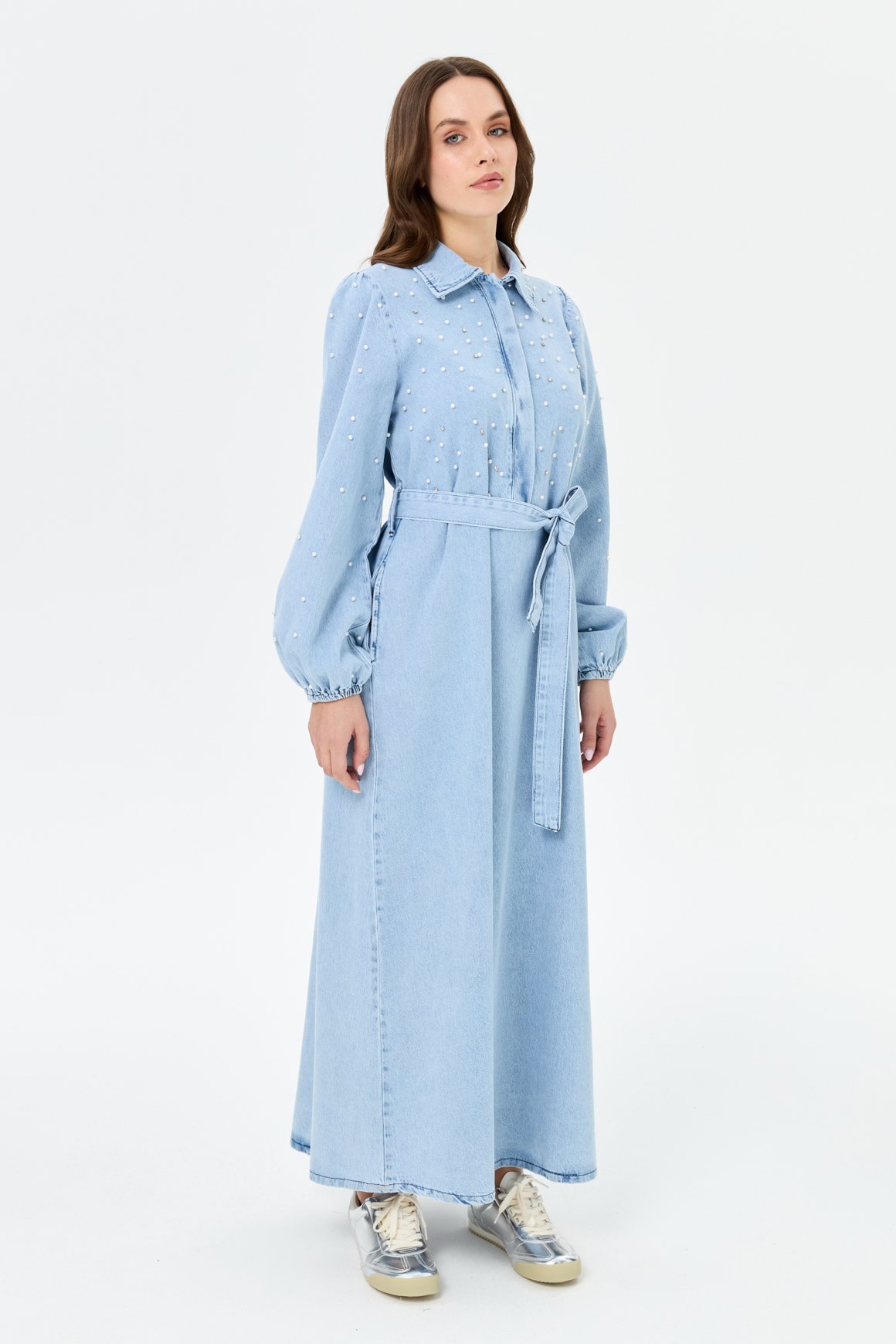 İnci Detaylı Kot Elbise  Mavi