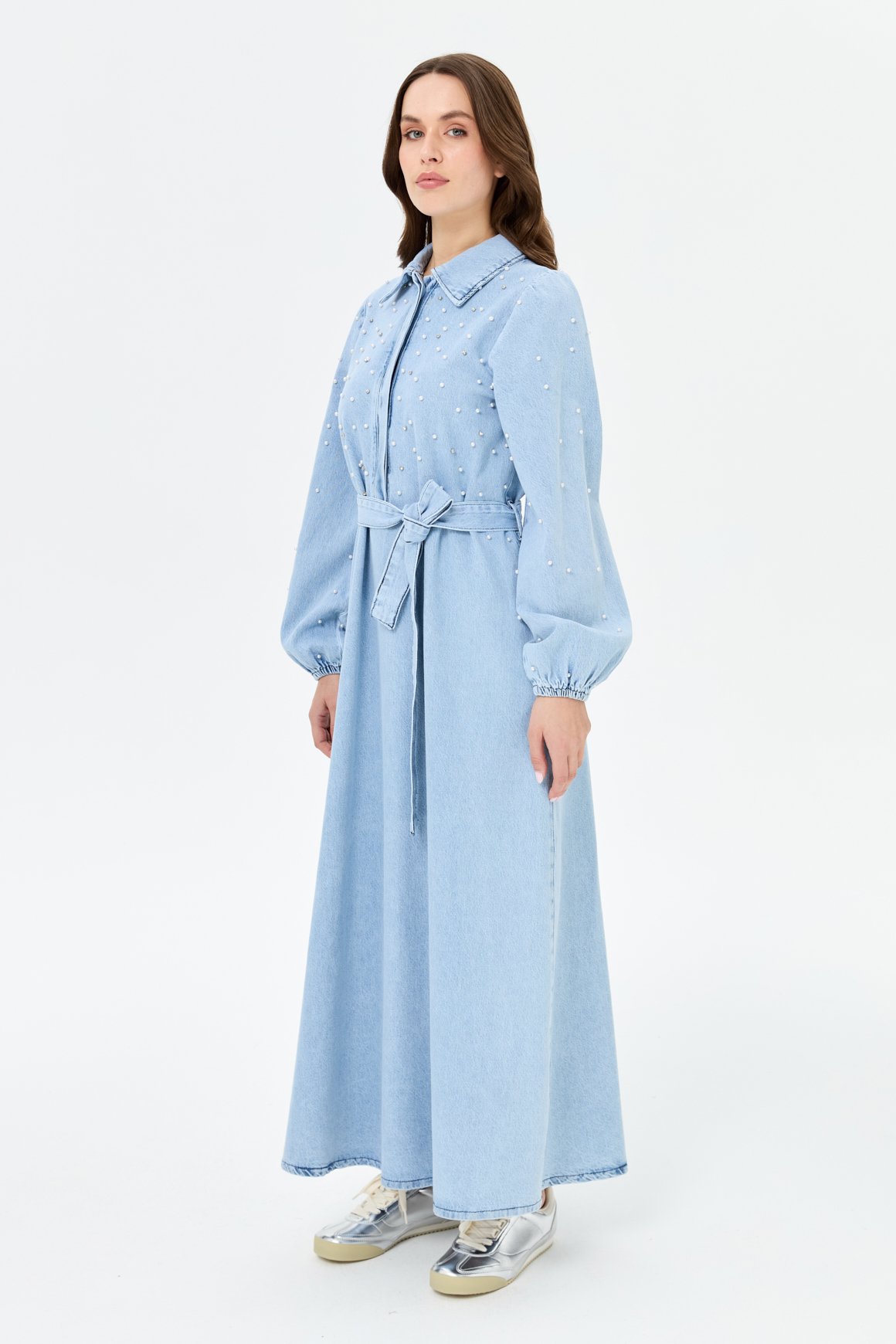 İnci Detaylı Kot Elbise  Mavi