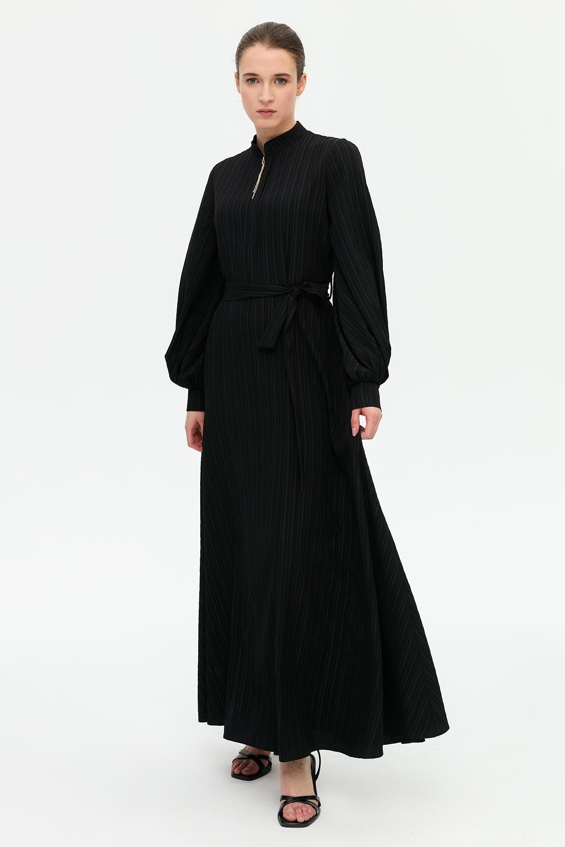 Flared Dress with Necklace Detail - Black