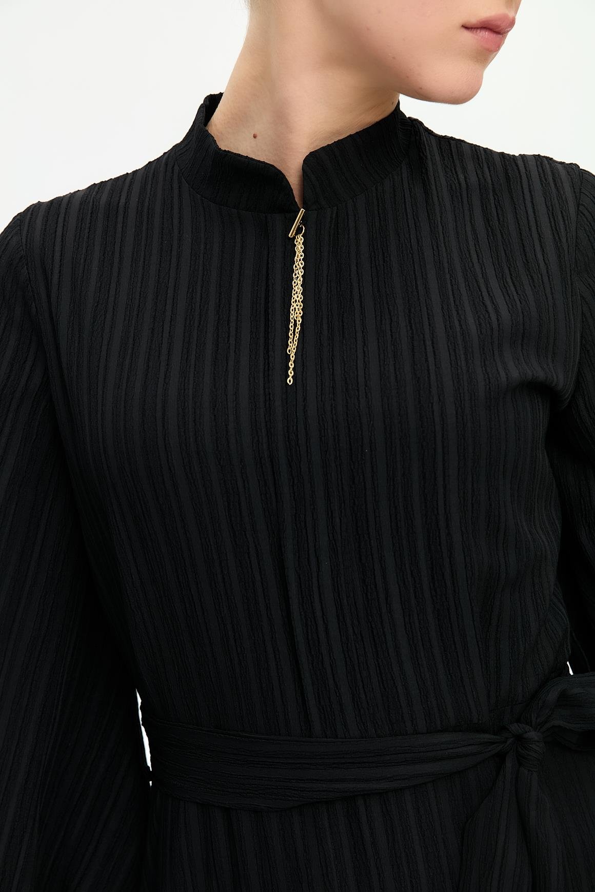 Flared Dress with Necklace Detail - Black