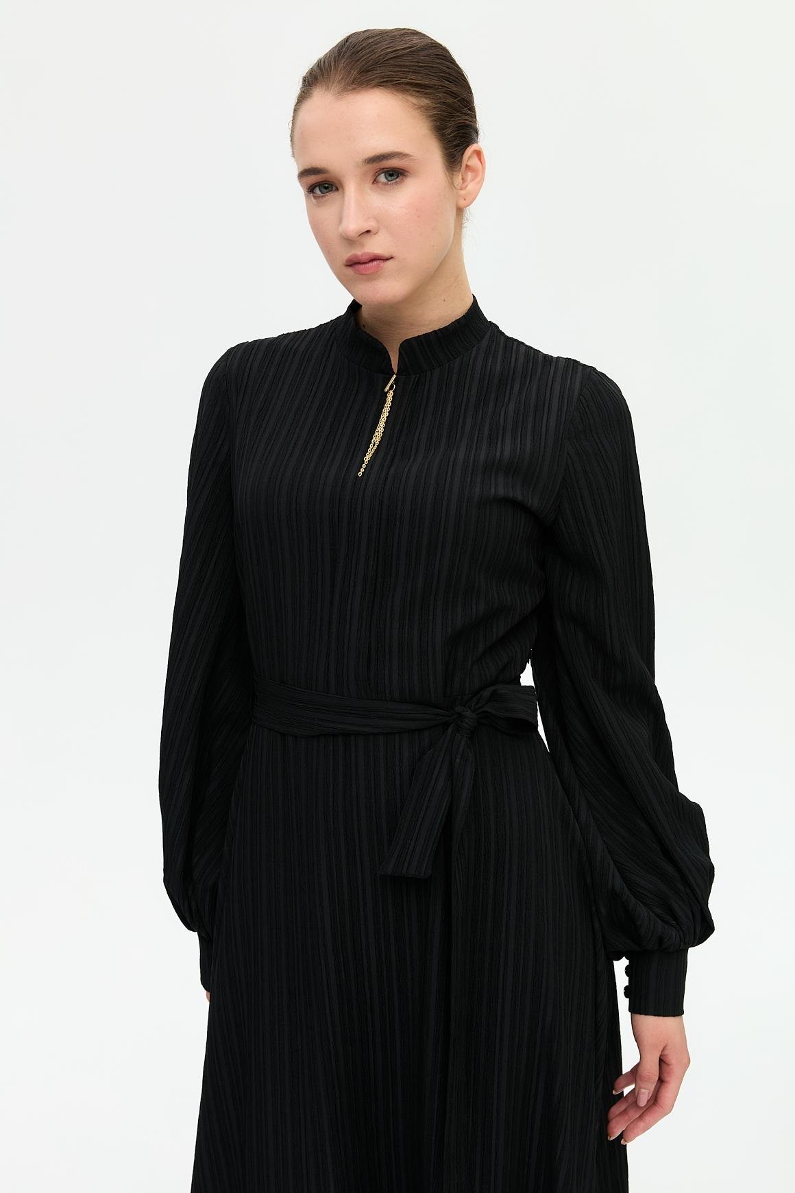 Flared Dress with Necklace Detail - Black