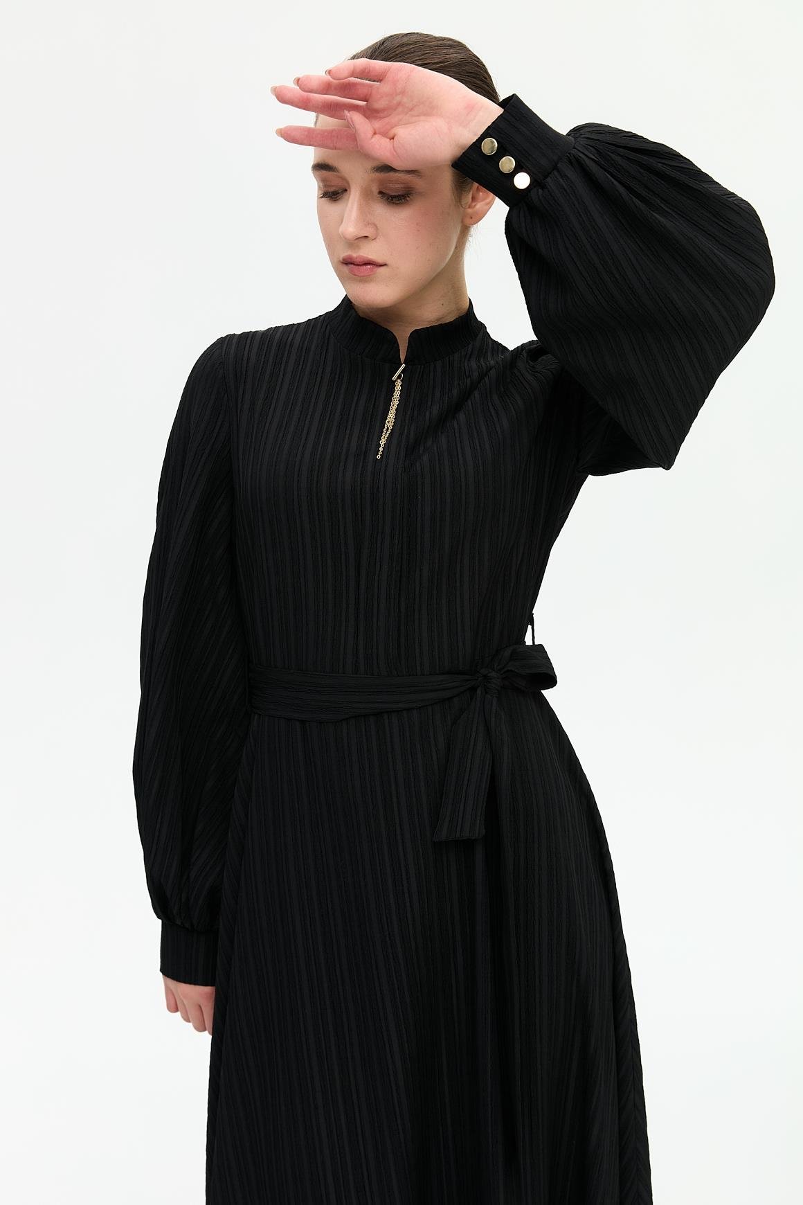 Flared Dress with Necklace Detail - Black