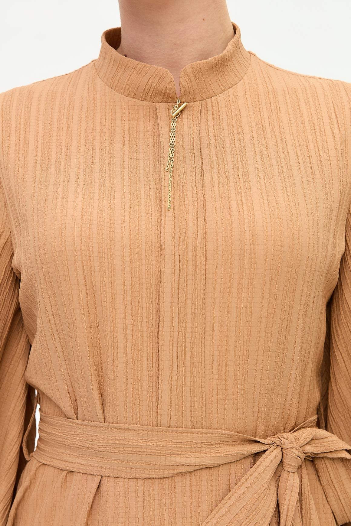 Flared Dress with Necklace Detail - Camel