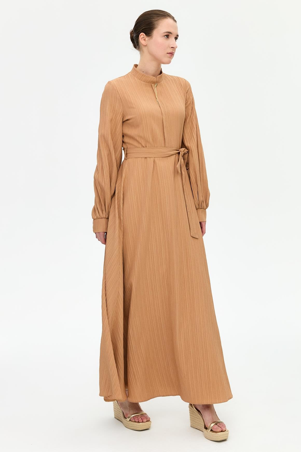 Flared Dress with Necklace Detail - Camel