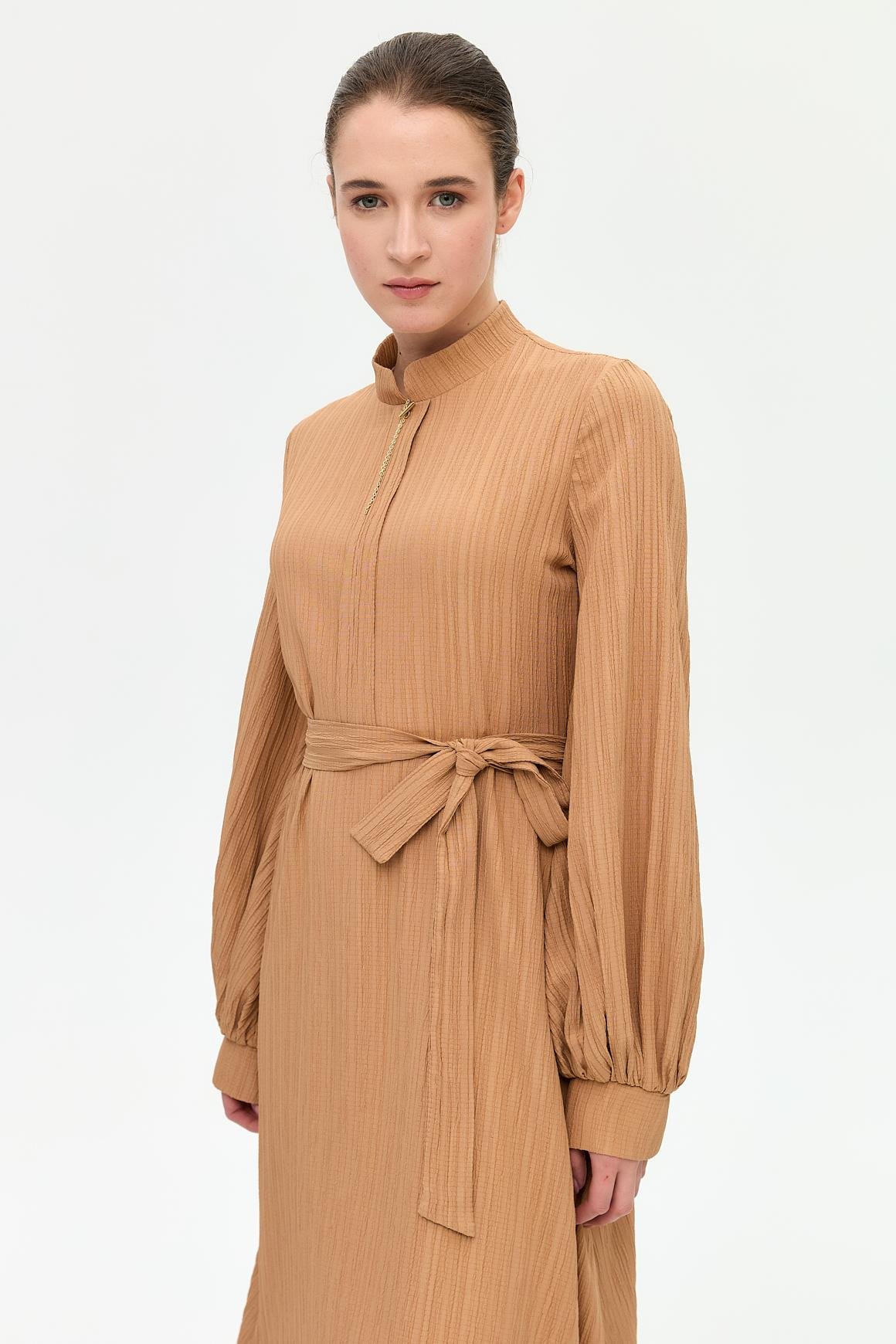 Flared Dress with Necklace Detail - Camel