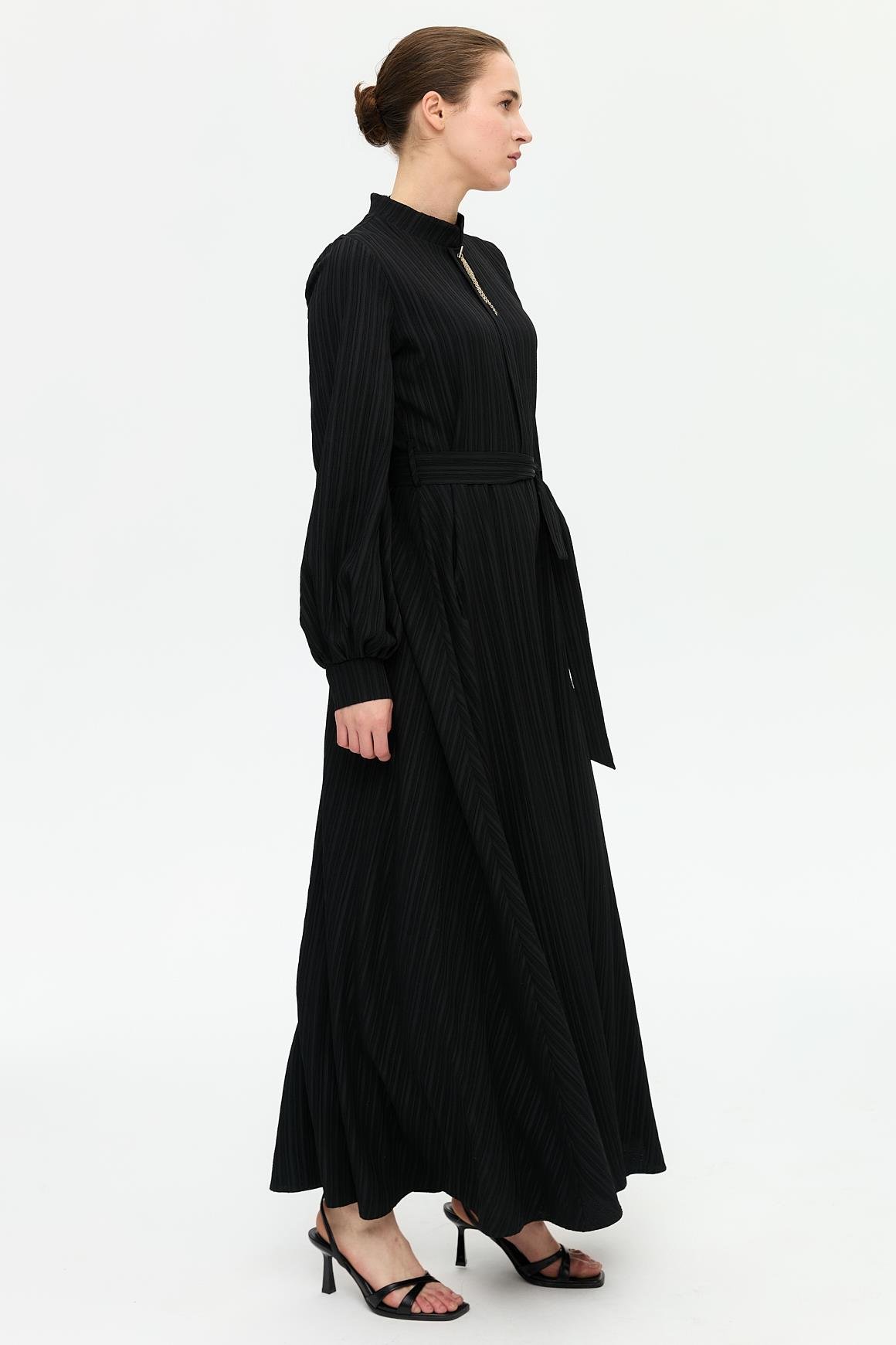 Flared Dress with Necklace Detail - Black