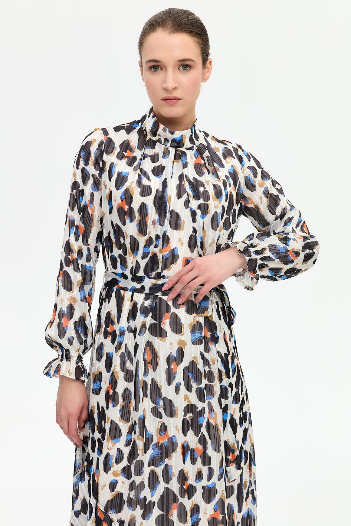 Leke Desenli Empirime Elbise  Ekru