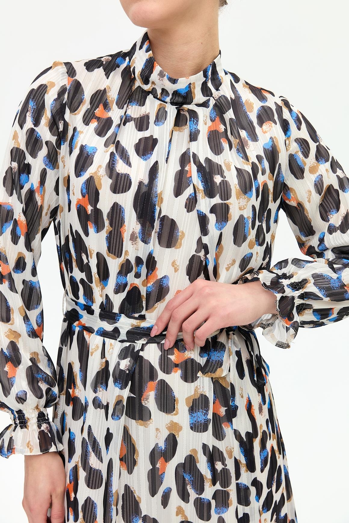 Leke Desenli Empirime Elbise  Ekru